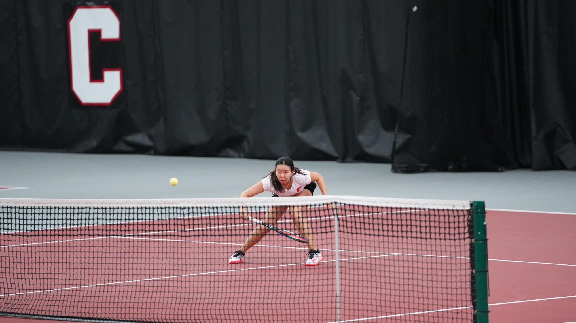 Victoria Zhao of the Cornell women's tennis team hits a shot during the Big Red's match with Yale on April 4, 2026 at Reis Tennis Center in Ithaca, N.Y.