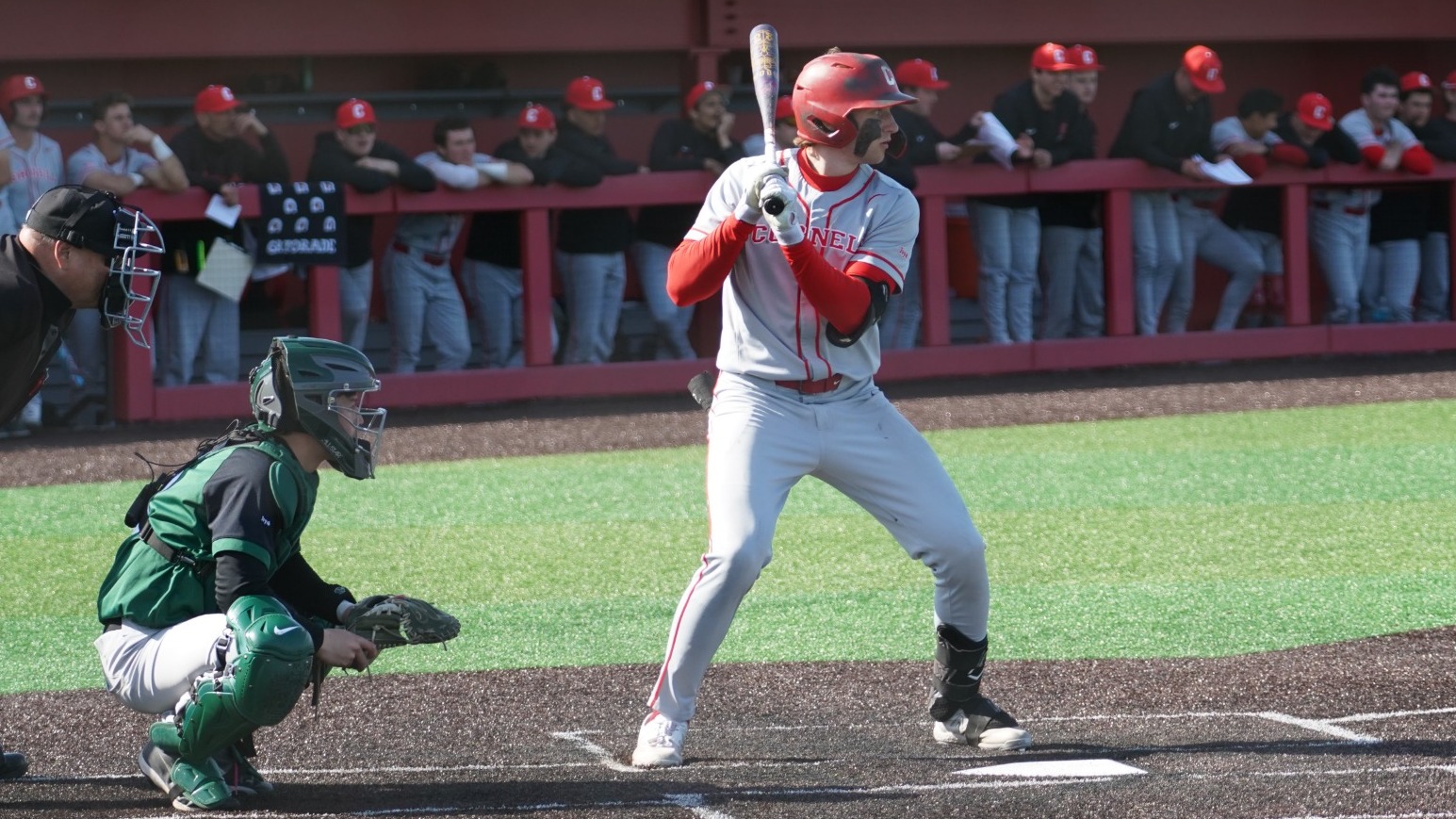 Cornell baseball senior center fielder Caden Wildman bats during game action against Dartmouth at Booth Field in Ithaca, N.Y., on April 4, 2026.