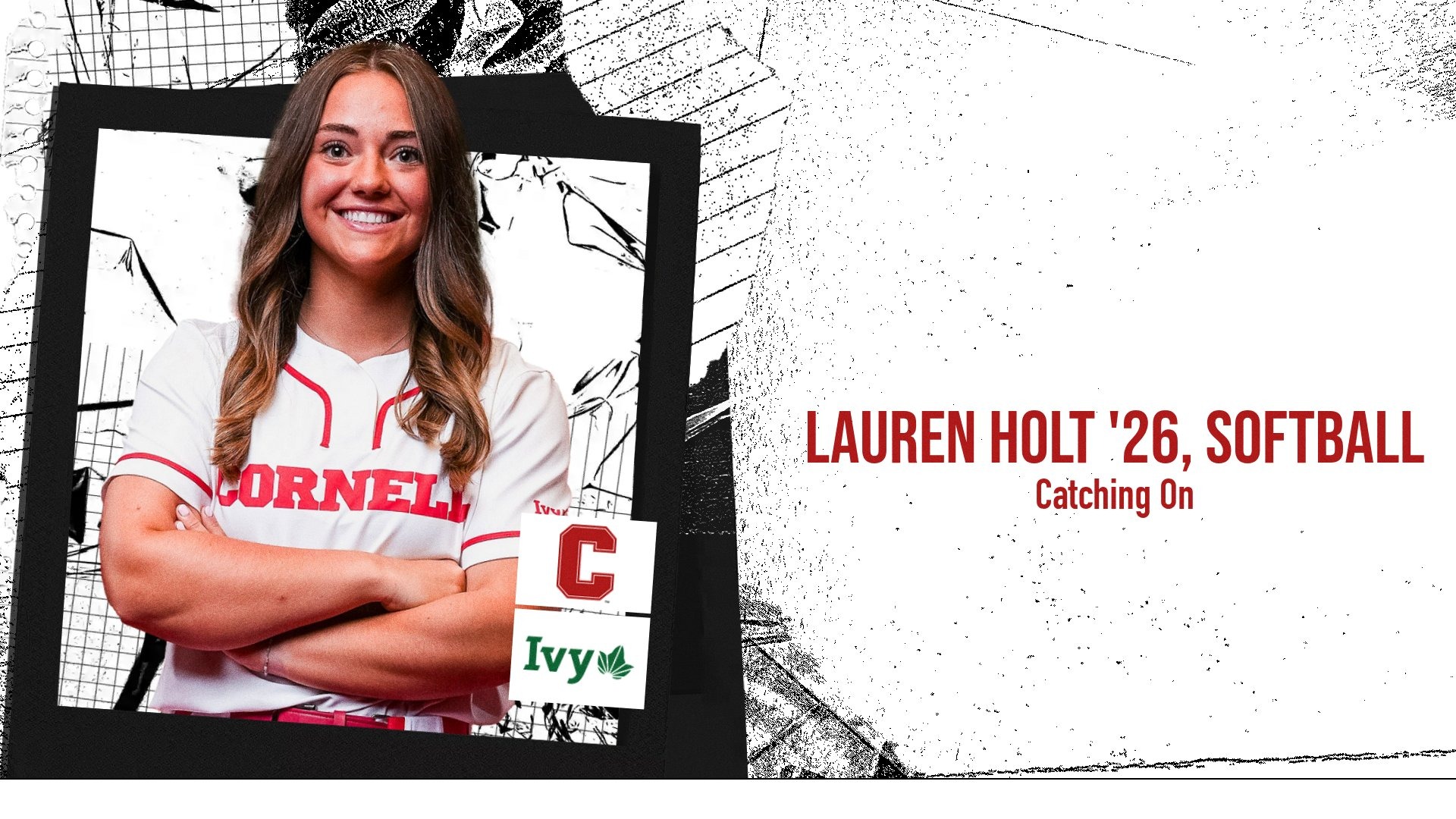 Senior Lauren Holt of Cornell softball is pictured in her uniform with the Big Red Bios logo.