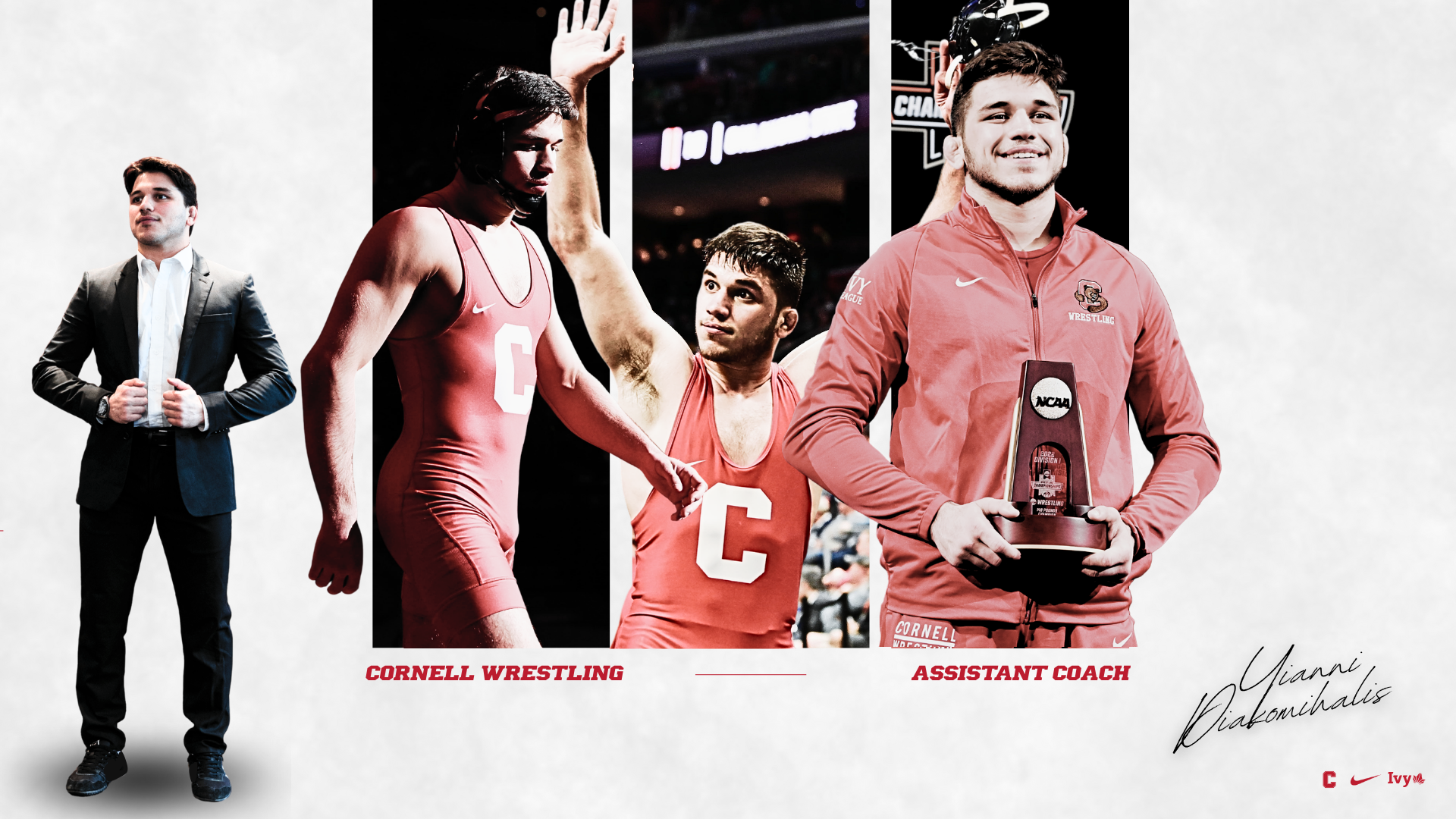 Yianni Diakomilhais graphic to announce his hiring to the Cornell wrestling coaching staff