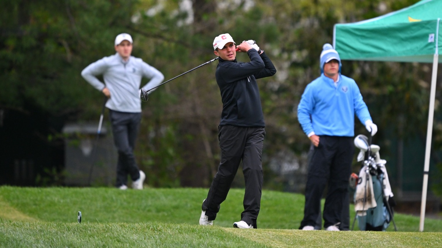 Tyler Debusschere tee's off the second round of the Ivy League Championship on April 25, 2026