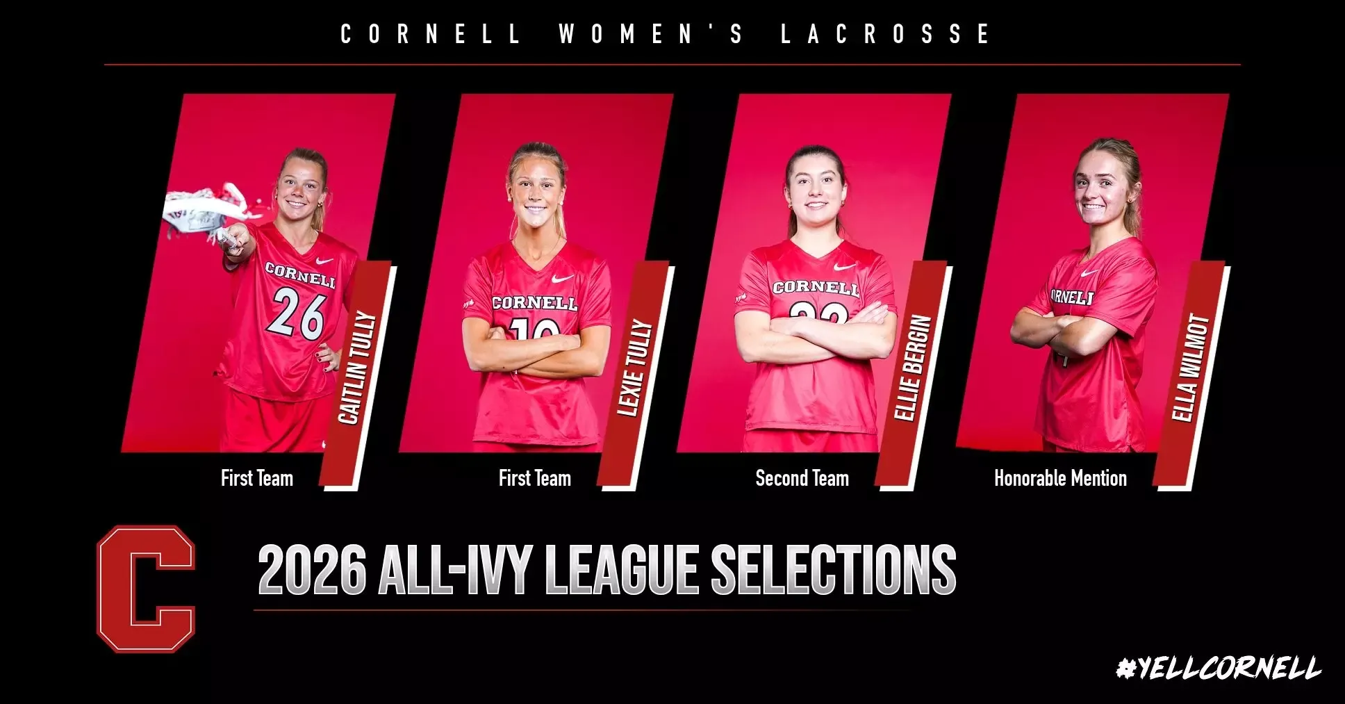  Graphic for Cornell women’s lacrosse 2026 All-Ivy League selections featuring four players in red uniforms against a red background. From left to right: Caitlin Tully (First Team), Lexie Tully (First Team), Ellie Bergin (Second Team), and Ella Wilmot (Honorable Mention). Title text reads “2026 All-Ivy League Selections” with Cornell branding and #YellCornell.