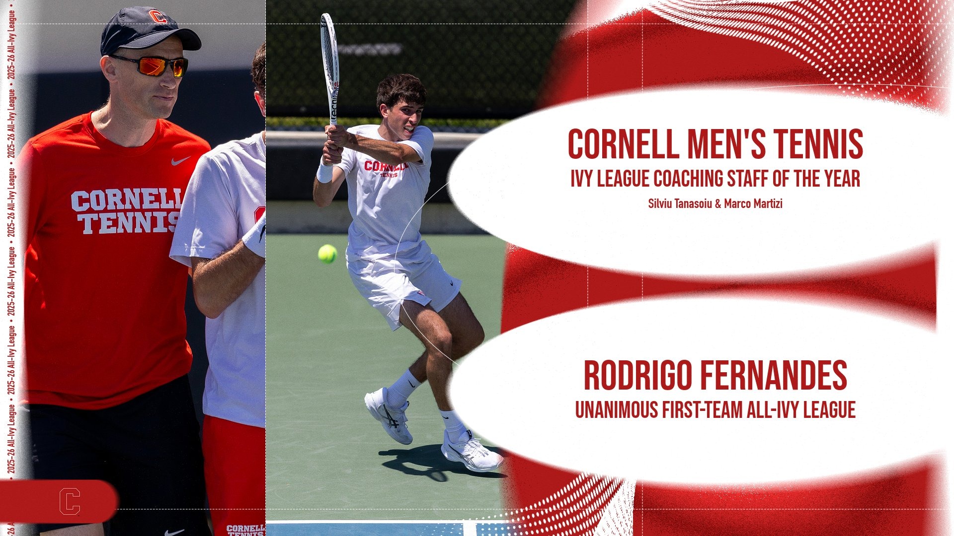 Featuring photos of head coach Silviu Tanasoiu and sophomore Rodrigo Fernandes celebrating their honors when the 2025-26 All-Ivy League team was announced on April 30, 2026.