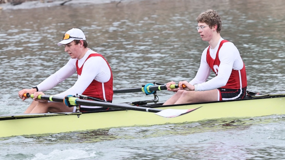 Cornell men's heavyweight rowers Ward Dobeck and Joost Schirm compete against Drexel on March 29, 2025, on the Cayuga Inlet in Ithaca, N.Y.
