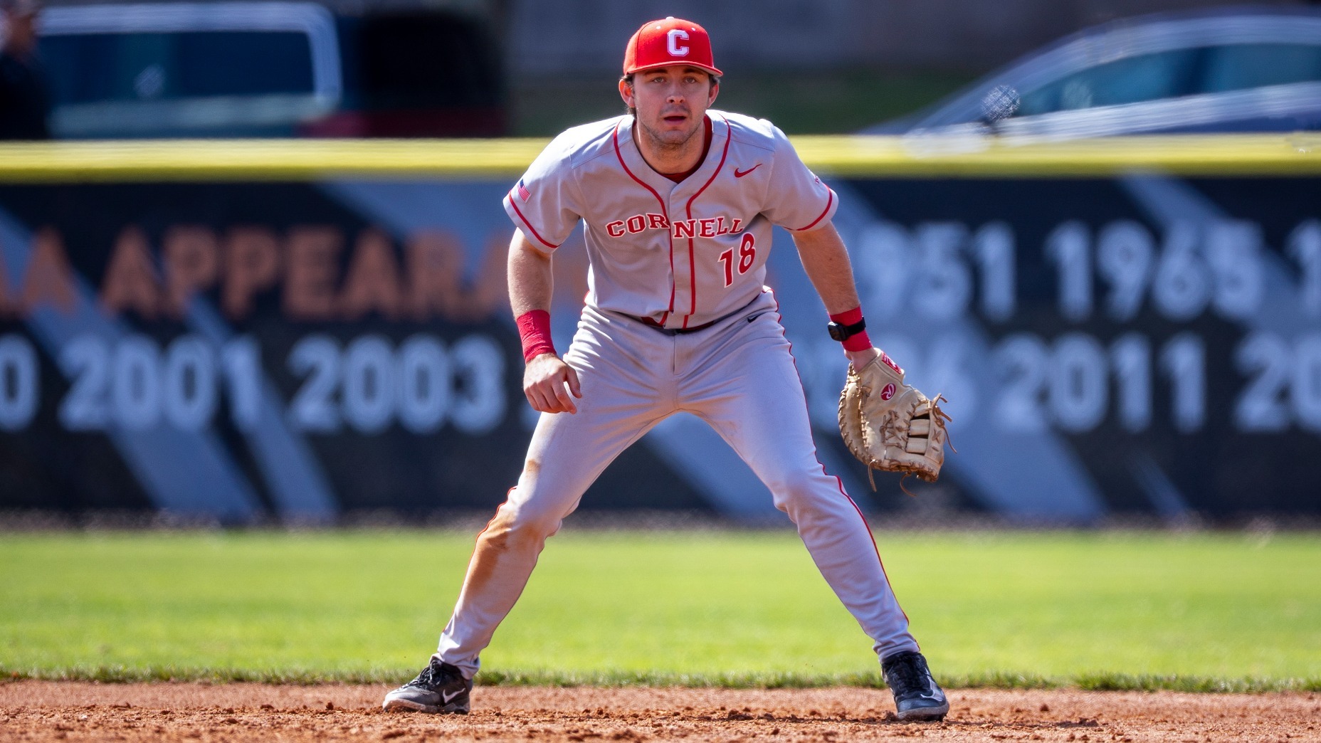 Cornell senior infielder TJ Swidorski readies for game action at Princeton on March 22, 2026, at Clarke Field in Princeton, N.J.