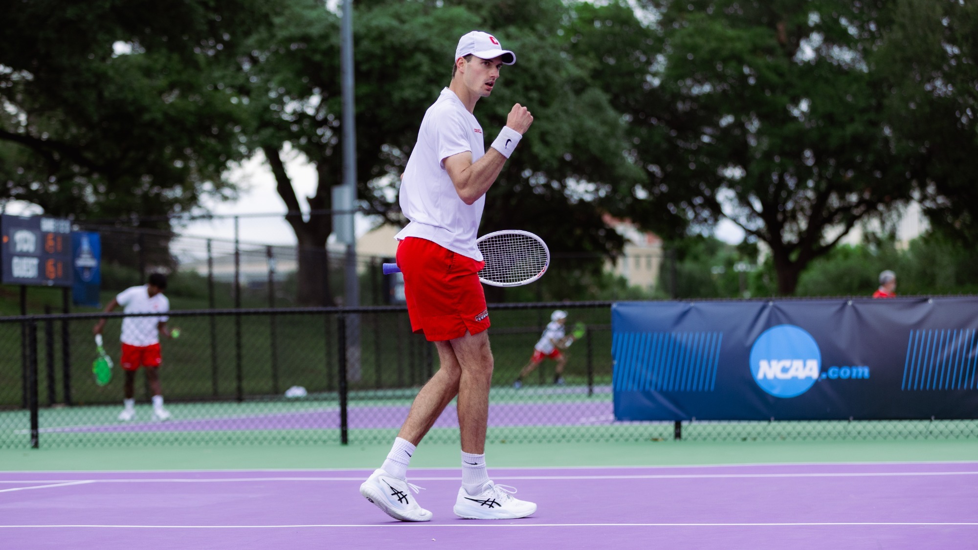 Senior Petar Teodorovic celebrates a point during his three-set win in Cornell's 4-3 win over #38 Arkansas in the first round of the 2026 NCAA Tournament on May 1, 2026 at Bayard H. Friedman Tennis Center at Fort Worth, Texas. 