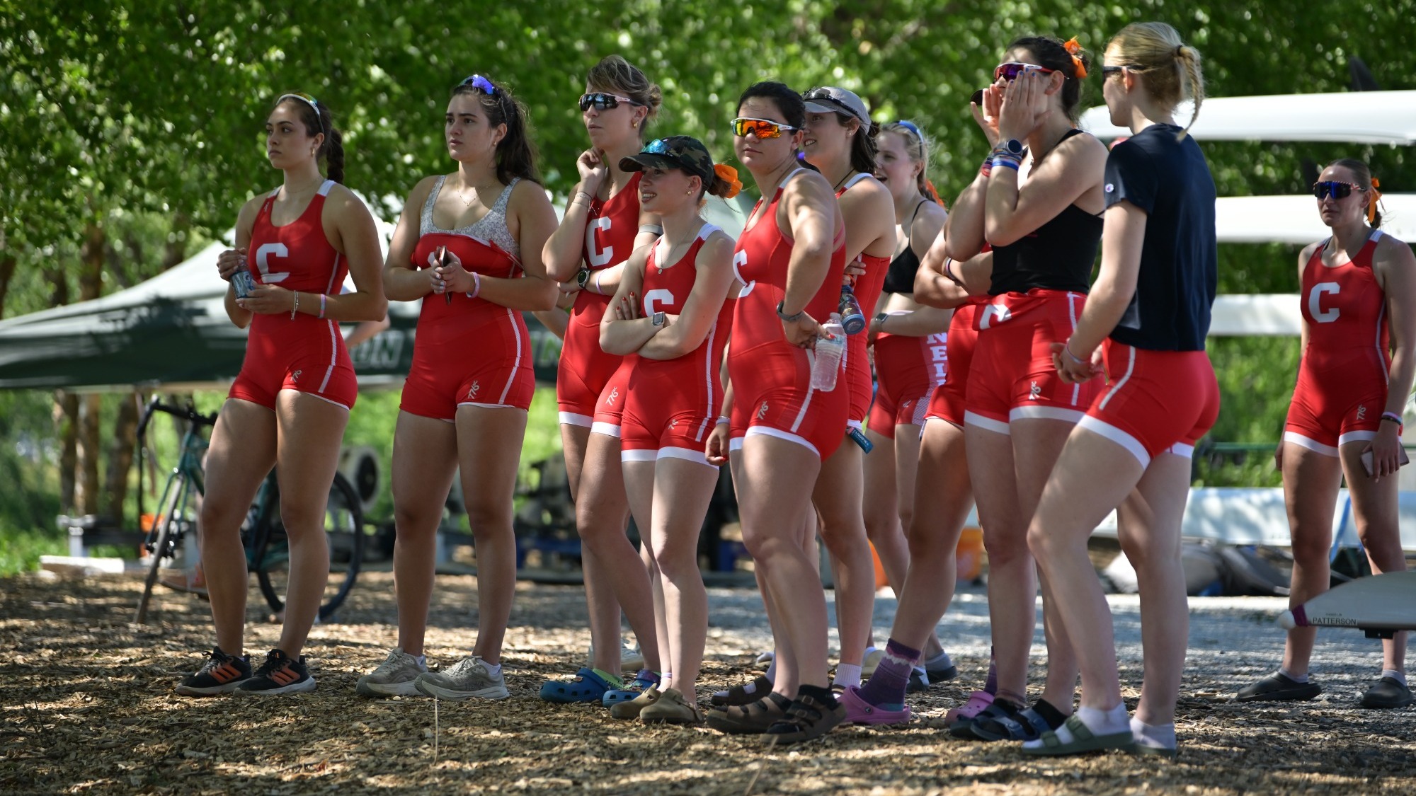 Members of the Cornell women's rowing photo stand together at the 2026 Ivy League Women's Rowing Championship at Cooper River Park in Pennsauken Township, N.J.
