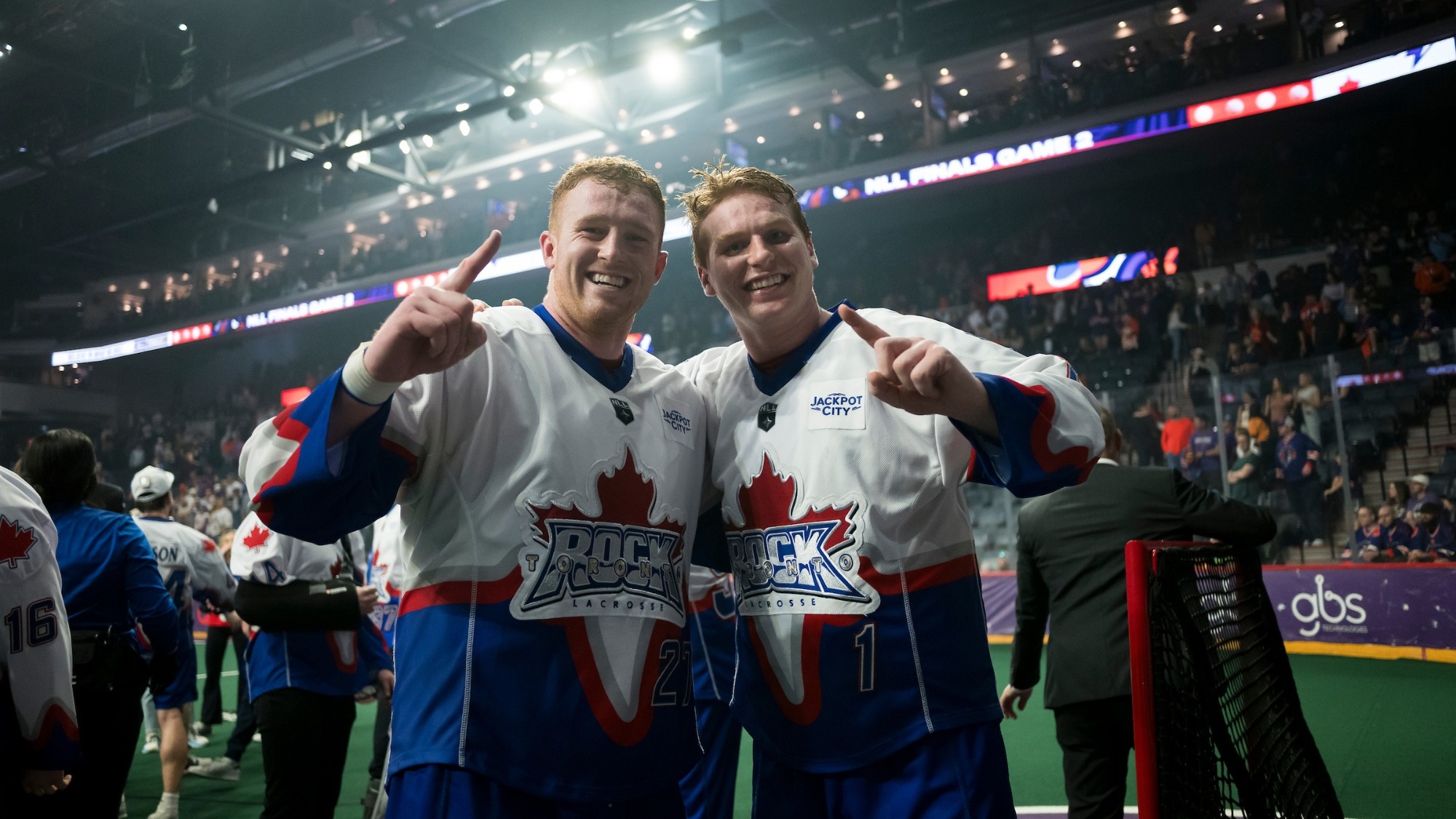 Hugh Kelleher & CJ Kirst celebrate NLL Championship with Toronto Rock