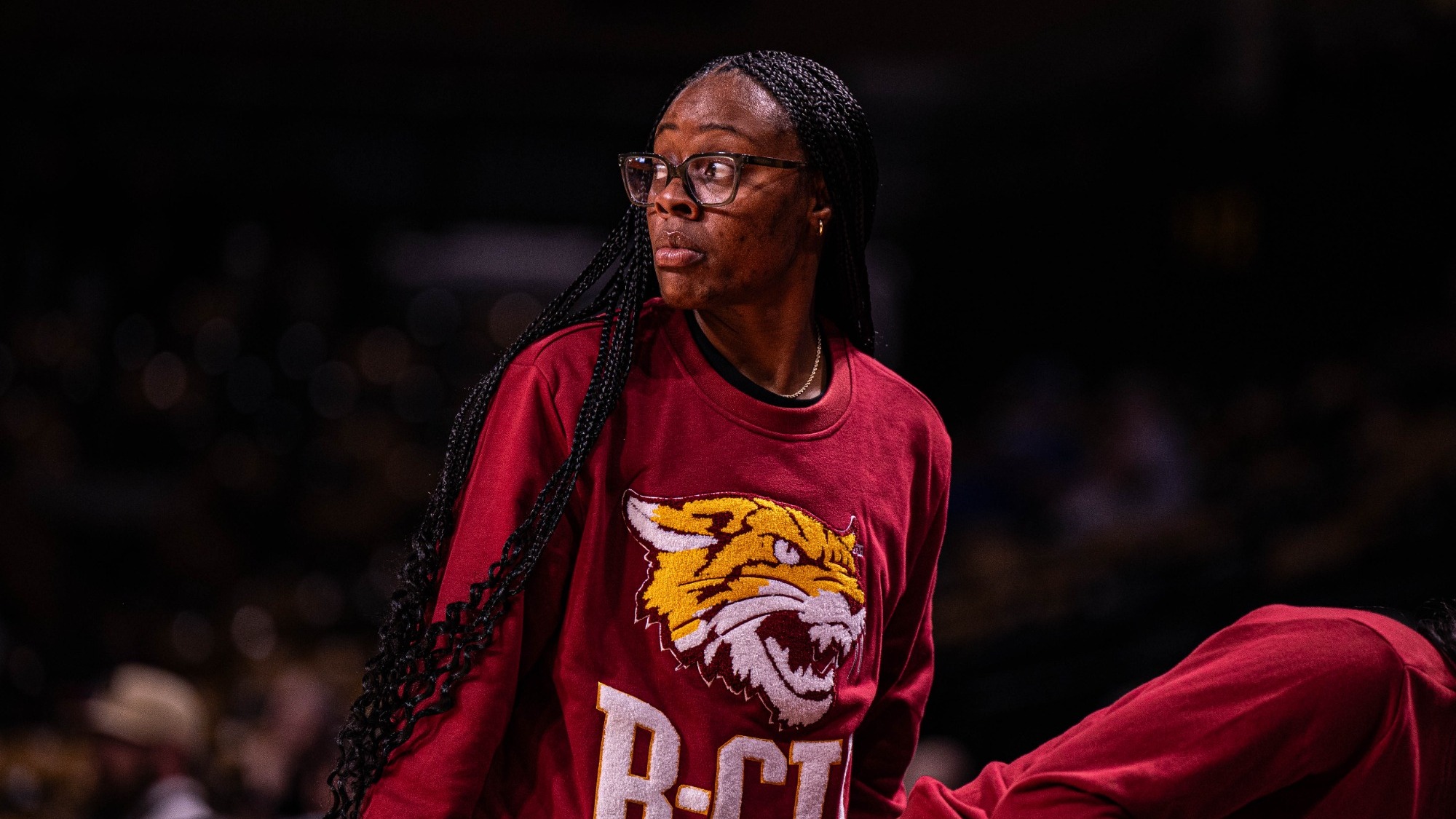 Amber Easter on the sideline while coaching at Bethune-Cookman (SWAC) in 2025-26 before being hired as an assistant coach by the Big Red prior to 2026-27
