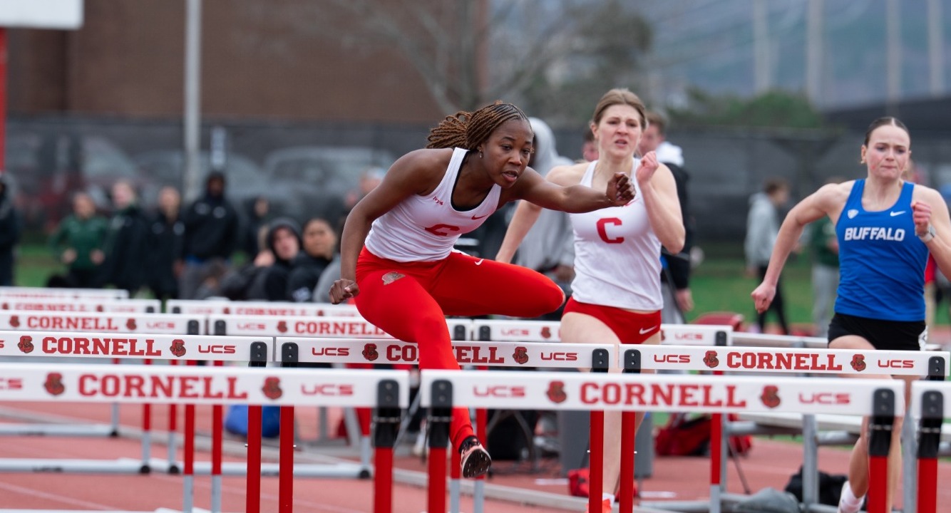 Arianna Allen competes in 100m hurdles at Big Red Home Invite 2026 at Kane Sports Complex in Ithaca, NY