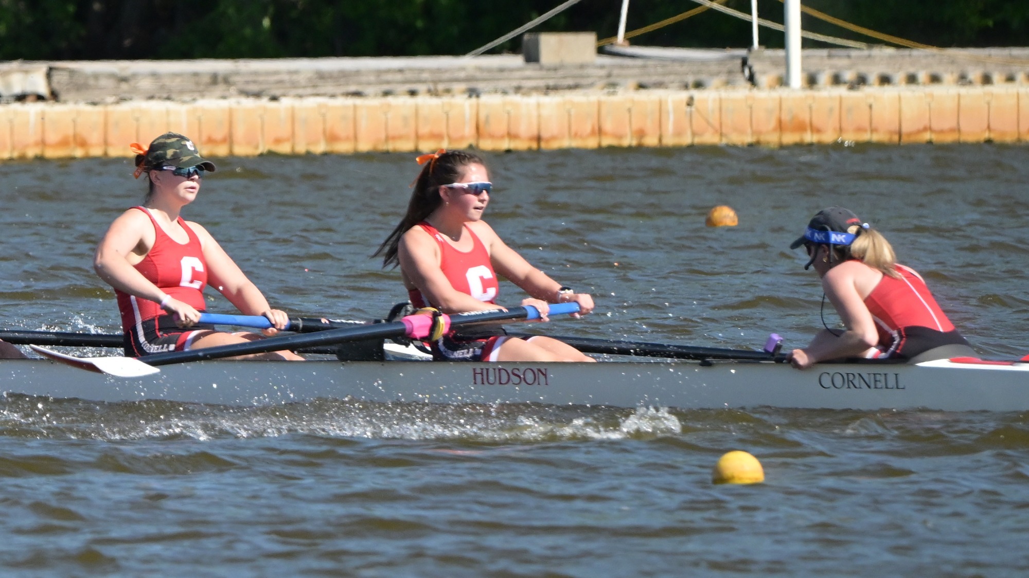 Elise Rueppel (left) and Isabella Capelli row with Cornell's 1V8+ at the 2026 Ivy League Women's Rowing Championship at Cooper River Park in Pennsauken Township, N.J., on May 16, 2026.