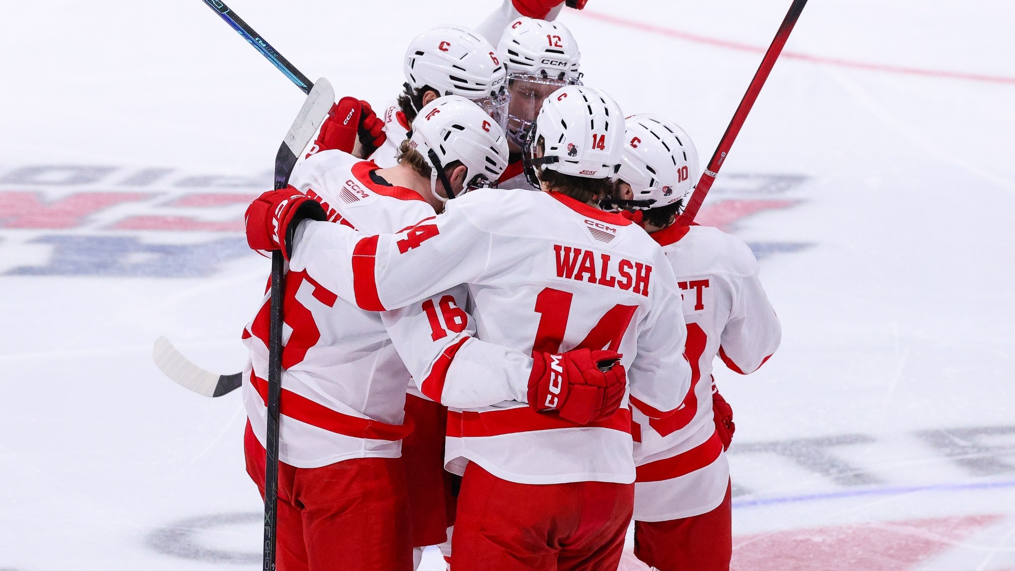 Members of the Cornell men's hockey team celebrate after scoring a goal against Princeton in the semifinals of the 2026 ECAC Hockey Championship at Herb Brooks Arena — 1980 Rink in Lake Placid, N.Y., on March 20, 2026.