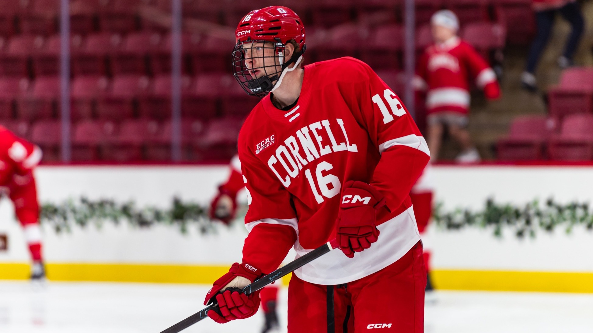 Cornell men's hockey defenseman Michael Fisher skates during pregame warmups at Harvard inside Bright-Landry Hockey Center in Cambridge, Mass., during the 2025-26 season.