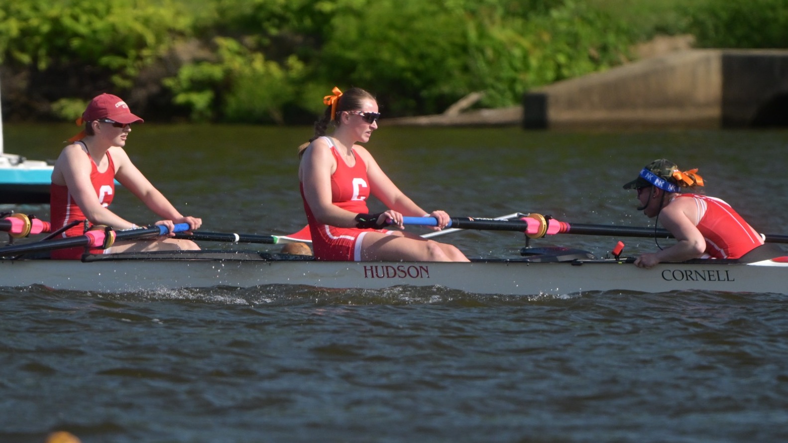 Cornell women's rowers Kyra McCarrick and Chloe Darcy are directed by coxswain Charlotte Langlois during race action at the 2026 Ivy League Women's Rowing Championship in Pennsauken Township, N.J., on May 16, 2026.