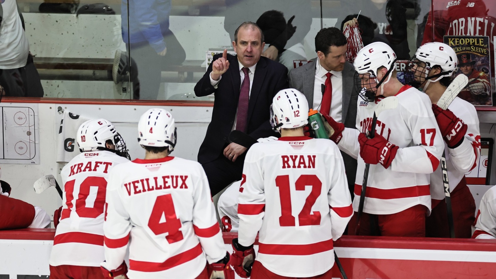 Casey Jones '90, the Jay R. Bloom '77 Head Coach of Cornell Men's Ice Hockey, directs his team during a timeout in game action against Clarkson on Feb. 28, 2026, at Lynah Rink, in Ithaca, N.Y.