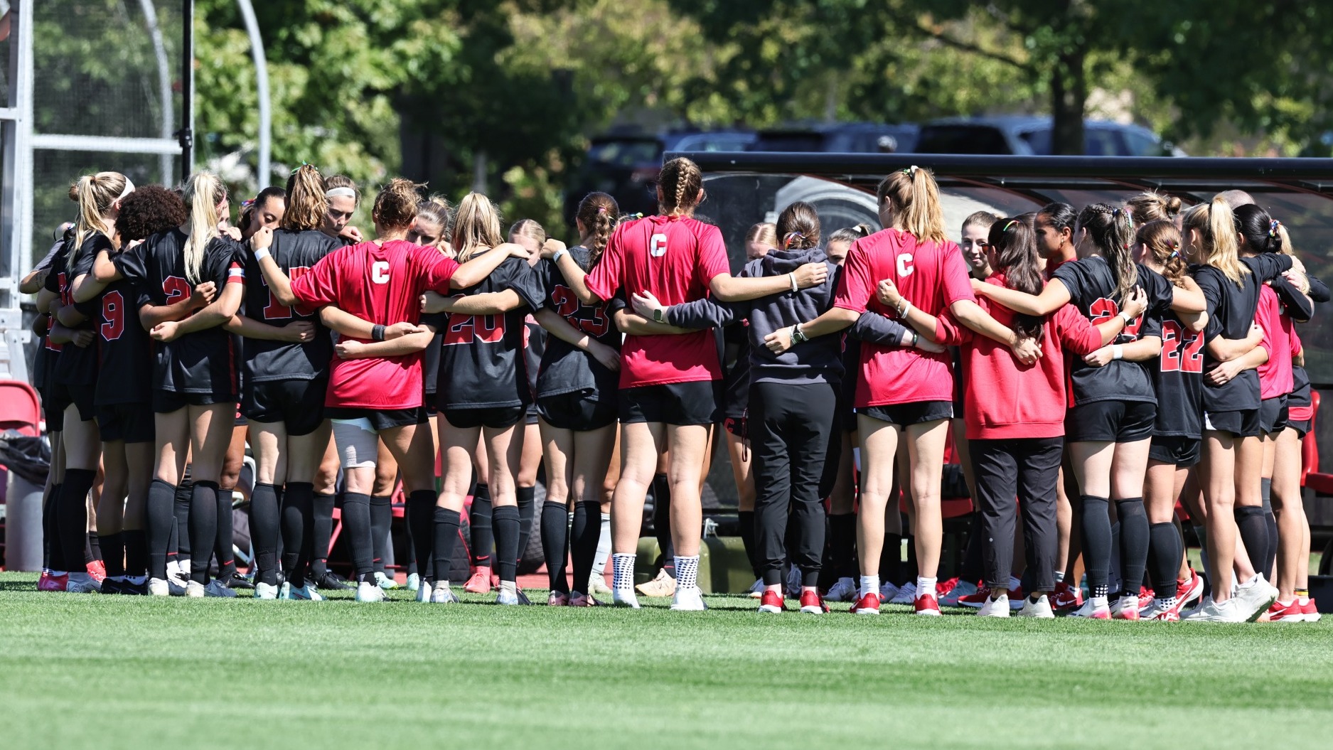 The Cornell women's soccer team huddles during game action against Columbia on Sept. 20, 2025, at Berman Field in Ithaca, N.Y.
