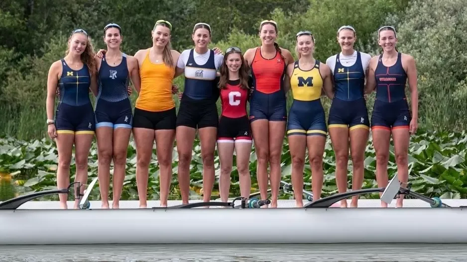Members of the Team Canada Under-23 Women's Eight pose for a photo after a training session.