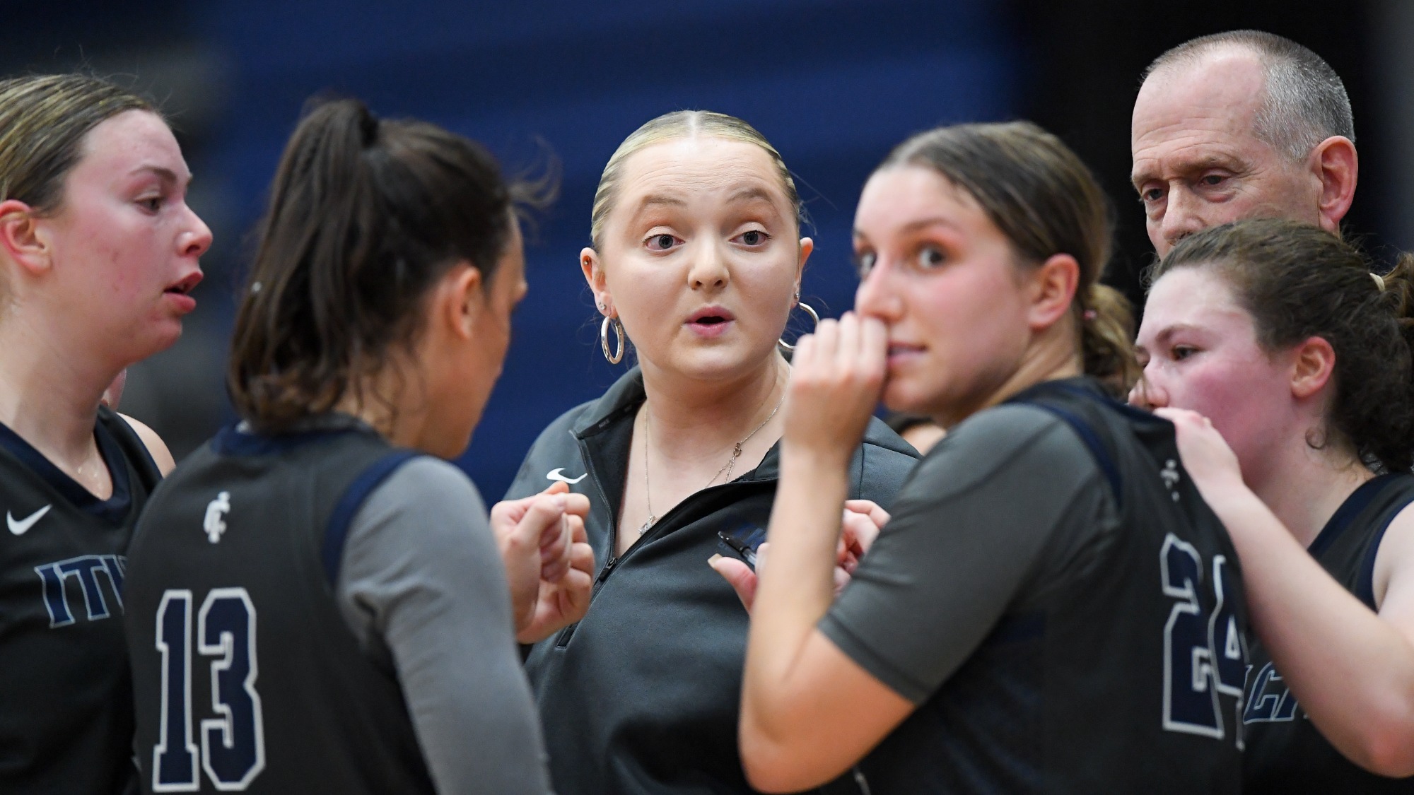Liz Thompson, the newly hired director of basketball operations for Cornell women's basketball, coaches Ithaca College women's basketball during the 2025-26 season