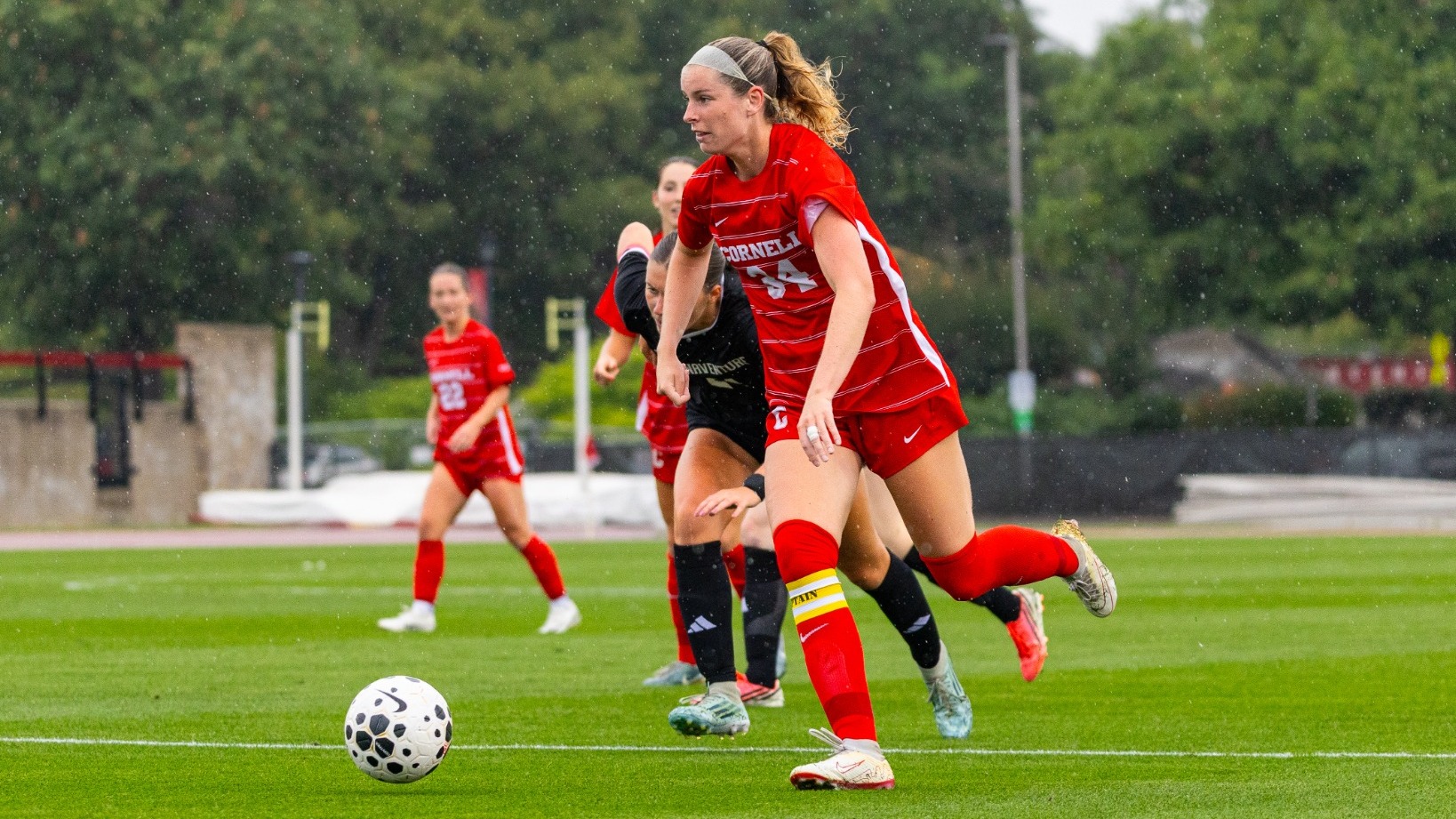 Cornell senior midfielder and co-captain Emily Gibbons dribbles a ball during match action against St. Bonaventure on Aug. 20, 2026, at Berman Field in Ithaca, N.Y.