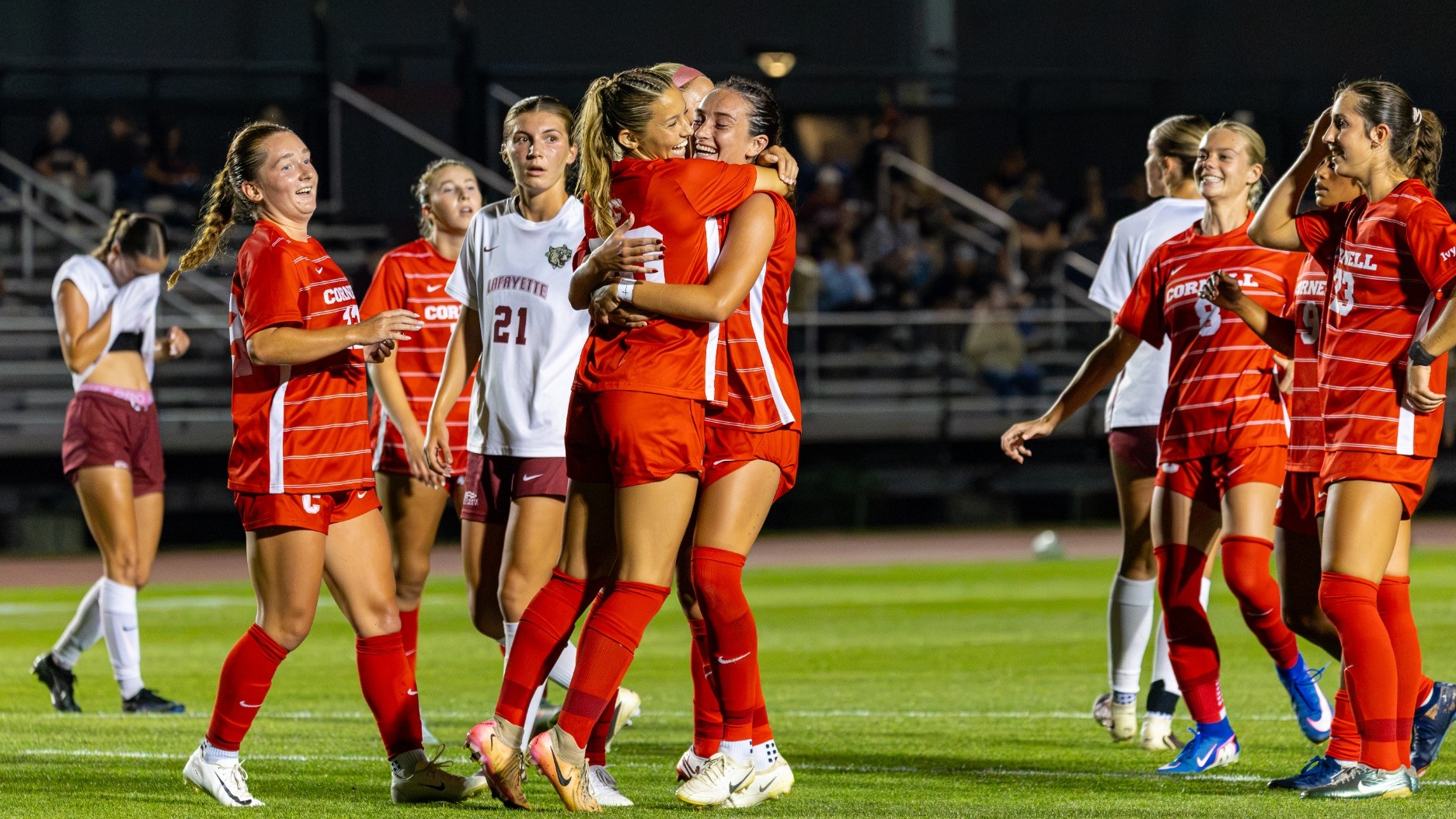 Cornell women's soccer sophomore defender Raya Leikin celebrates after scoring a goal against Lafayette at Berman Field in Ithaca, N.Y., on Aug. 27, 2026. 
