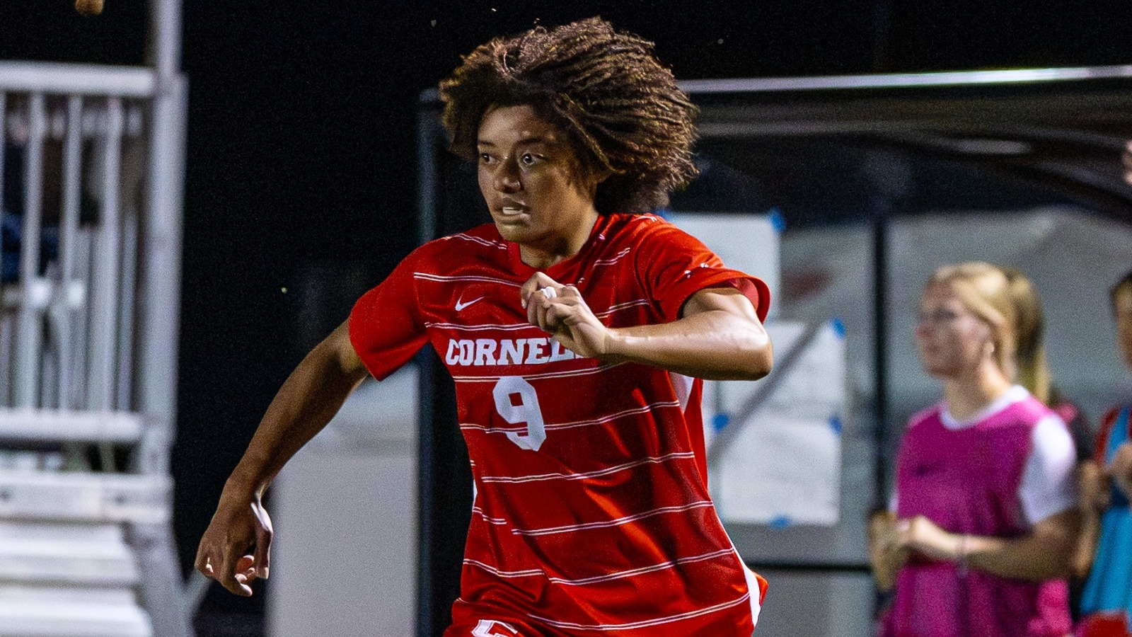 Cornell women's soccer senior forward Alanna Colbert looks to make a pass during match action against Lafayette on Aug. 27, 2026, at Berman Field in Ithaca, N.Y.