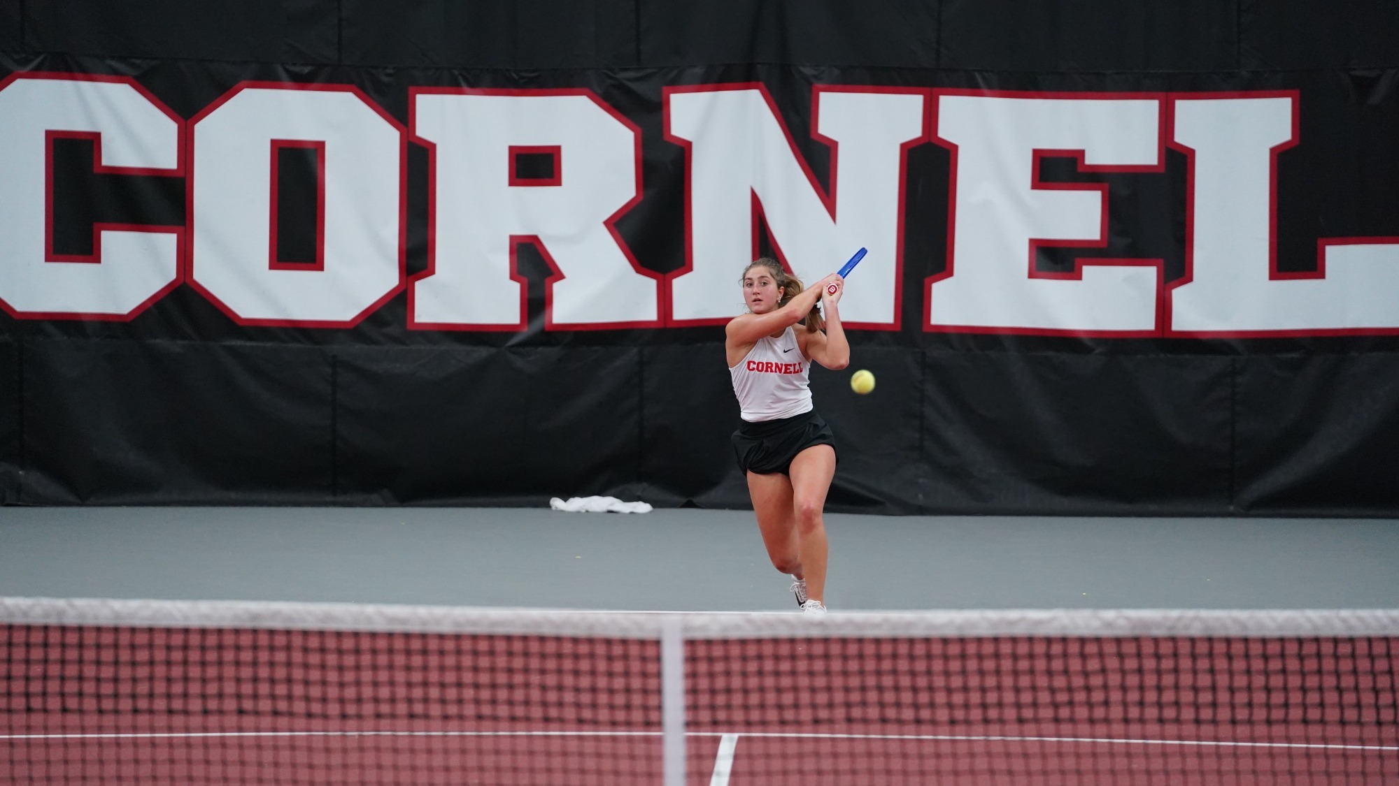 Cornell women's tennis' Dylan Gelber hits a tennis ball during match action in the 2025-26 season.