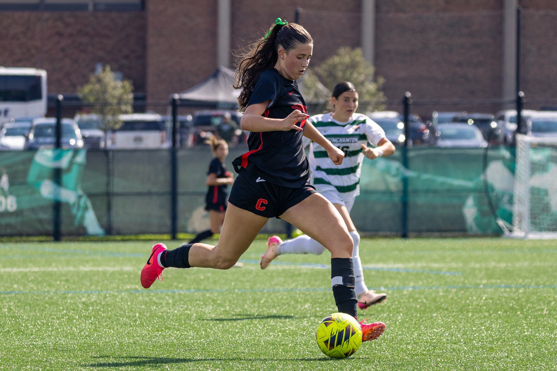 Cornell women's soccer freshman forward Sofia Menéndez dribbles a soccer ball during match action against Binghamton at the Bearcats Sports Complex in Vestal, N.Y., on Sept. 13, 2026.