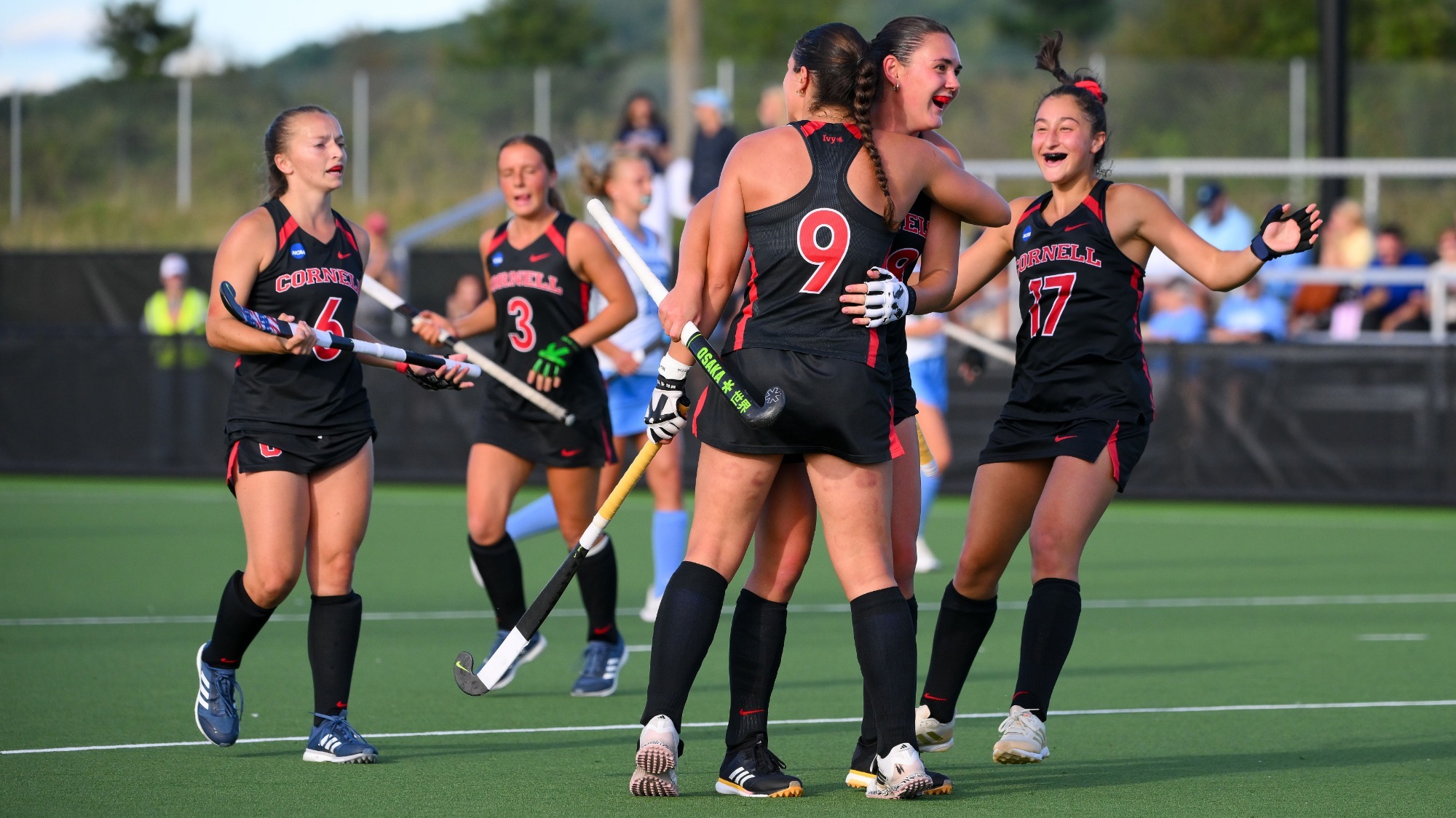 Uma Kading celebrates her second goal of the game in a 3-2 victory over Columbia in the Ivy League opener on Sept. 18. 2026 at Marsha Dodson Field in Ithaca, N.Y.