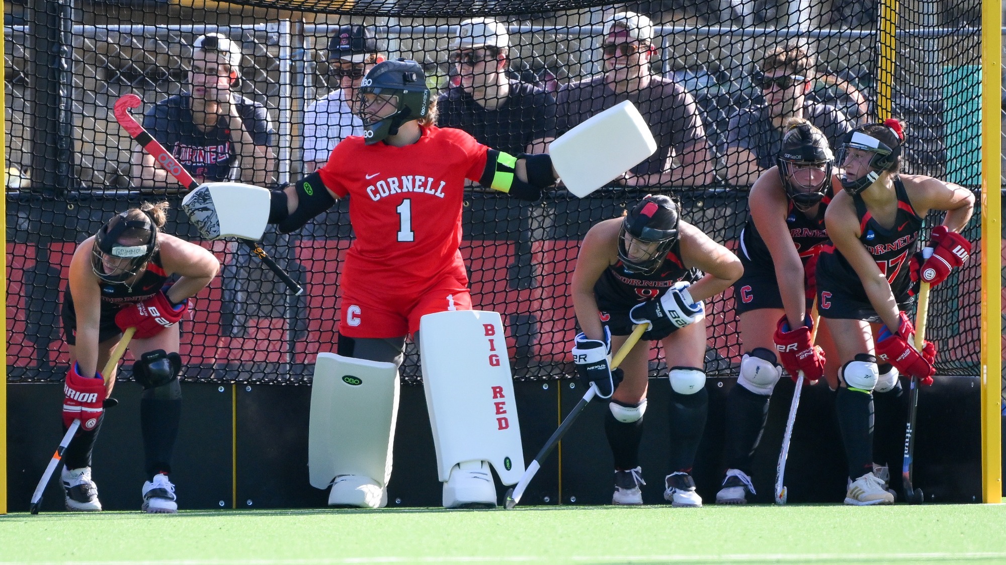 The Cornell field hockey team readies to defend a penalty corner during the team's 3-2 win over Columbia on Sept. 18. 2026 at Marsha Dodson Field in Ithaca, N.Y.