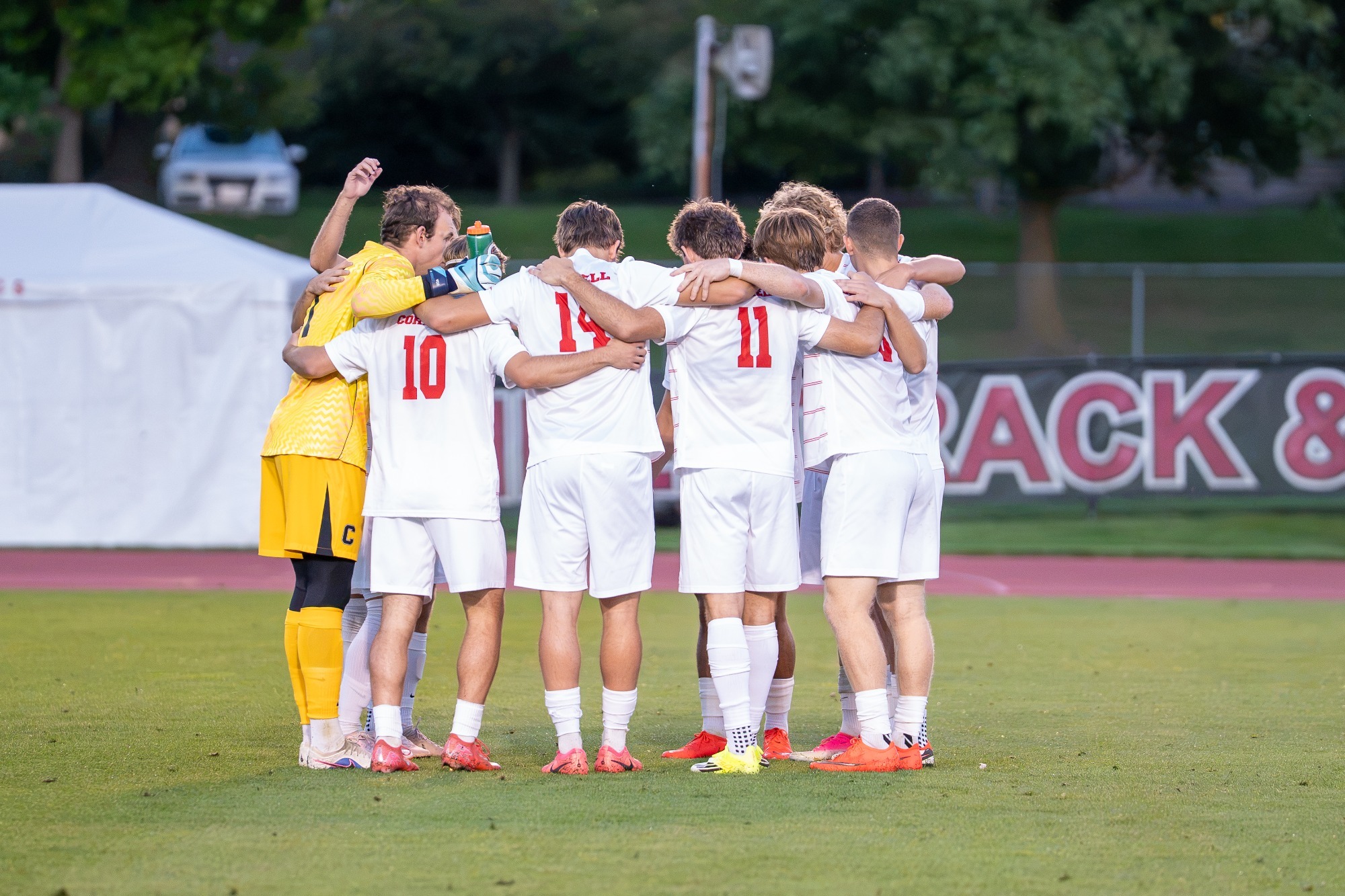 Men's Soccer pre-game huddle before home match vs Binghamton