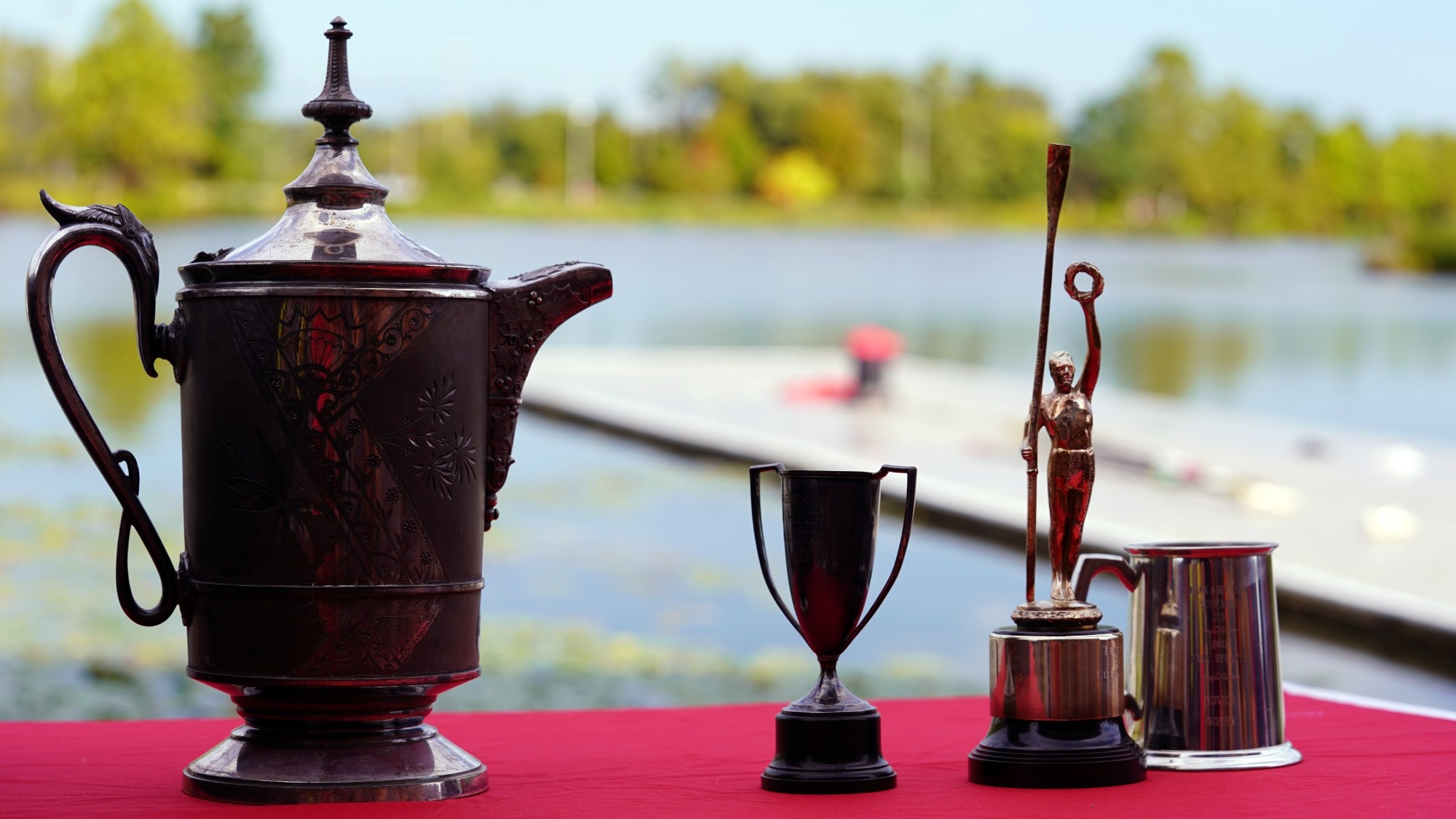A close-up photo of trophies for the Schwartz Cup on Sept. 27, 2025, at the Cornell Rowing Center in Ithaca, N.Y. 