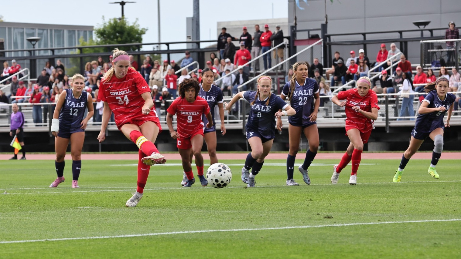 Cornell women's soccer senior midfielder Emily Gibbons converts a penalty kick against Yale at Berman Field in Ithaca, N.Y., on Sept. 26, 2026.