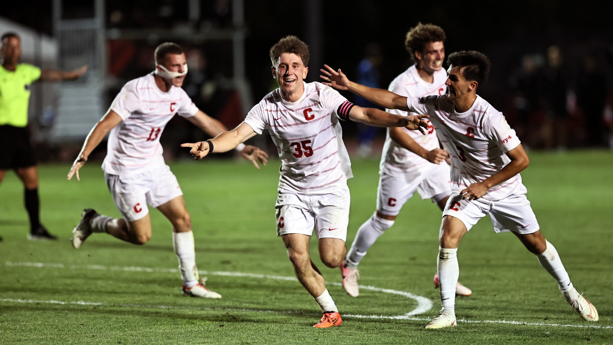 Connor Miller celebrates after finding the game-winning goal in the final minutes of the Cornell men's soccer team's 2-1 victory over #21 UC Santa Barbara on Sept. 4, 2026 at Berman Field in Ithaca, N.Y.