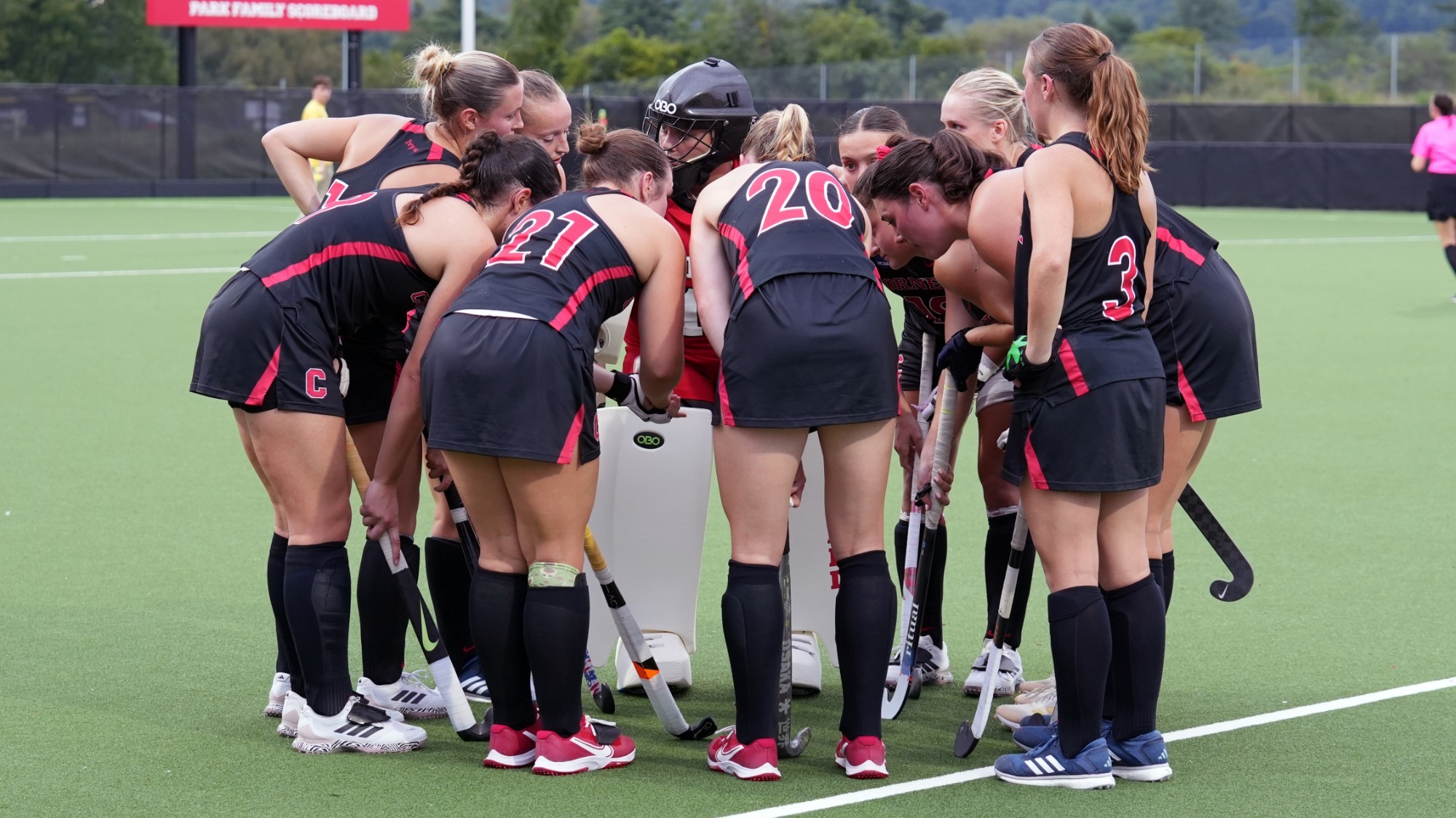 The Cornell field hockey team huddles during its 5-0 win over La Salle on Sept. 4, 2026 at Marsha Dodson Field in Ithaca, N.Y.