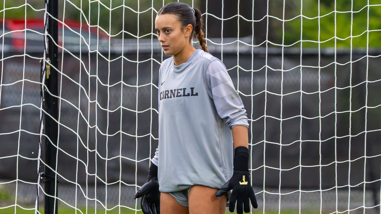 Cornell women's soccer freshman goalkeeper Sofia Kerrigan stands in goal during match action in the 2026 season.