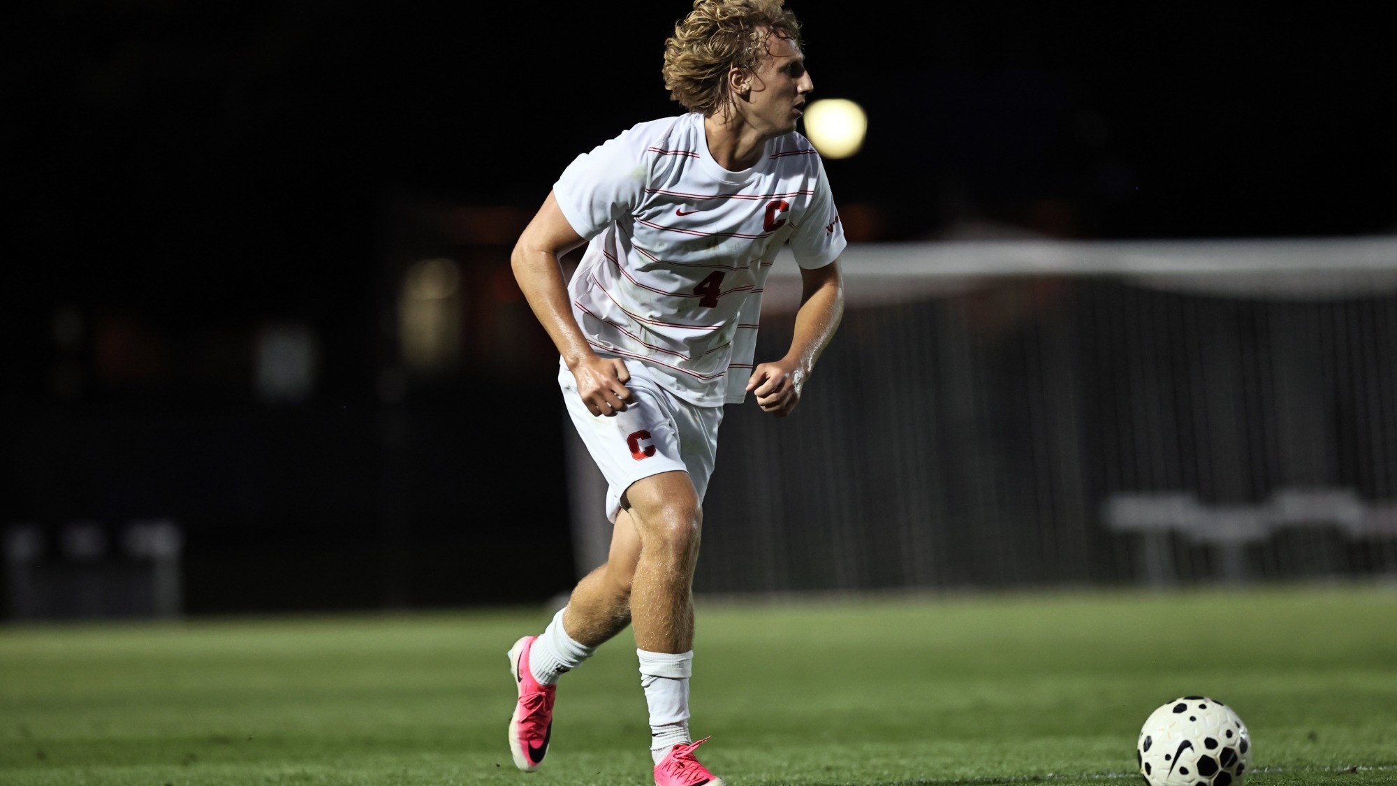 Lennon Harrington carries the ball upfield during Cornell's 2-1 win over UC Santa Barbara on Sept. 4, 2026 at Berman Field in Ithaca, N.Y.