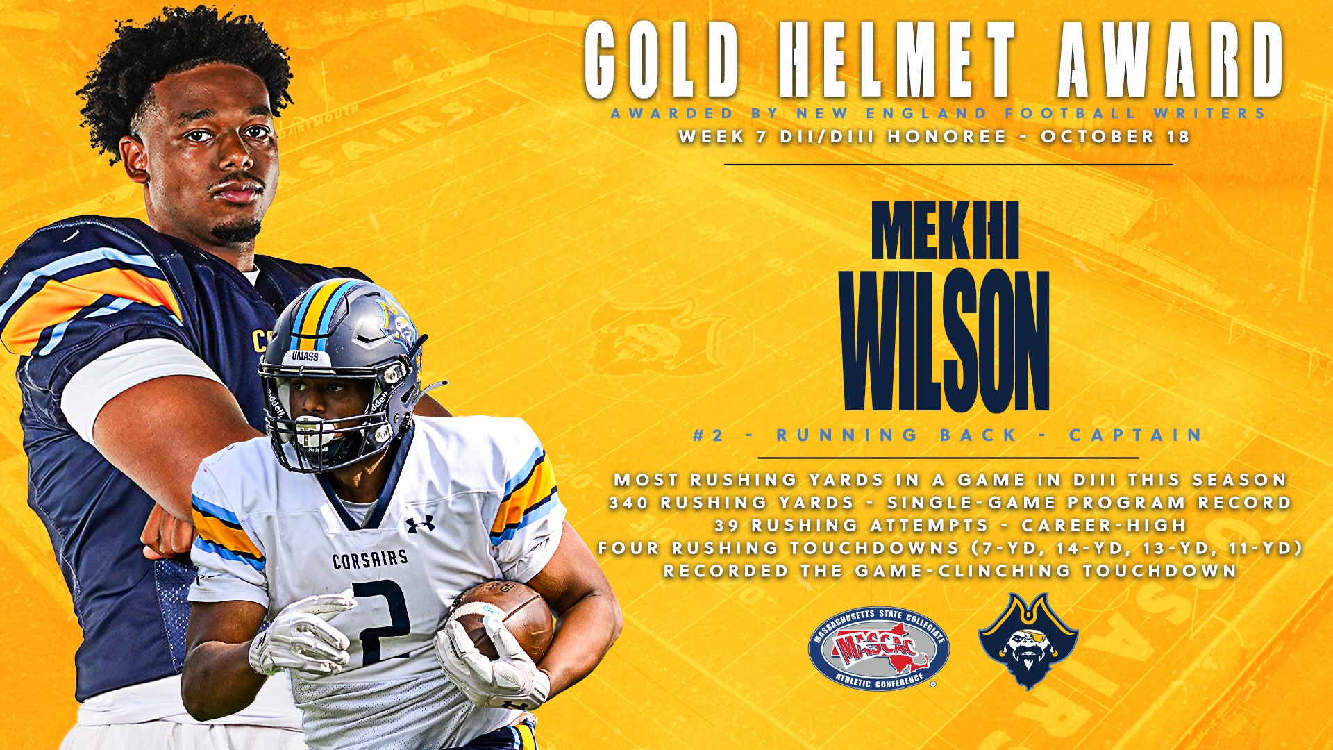 Mekhi Wilson named Week 7 Gold Helmet Honoree by New England Football Writers