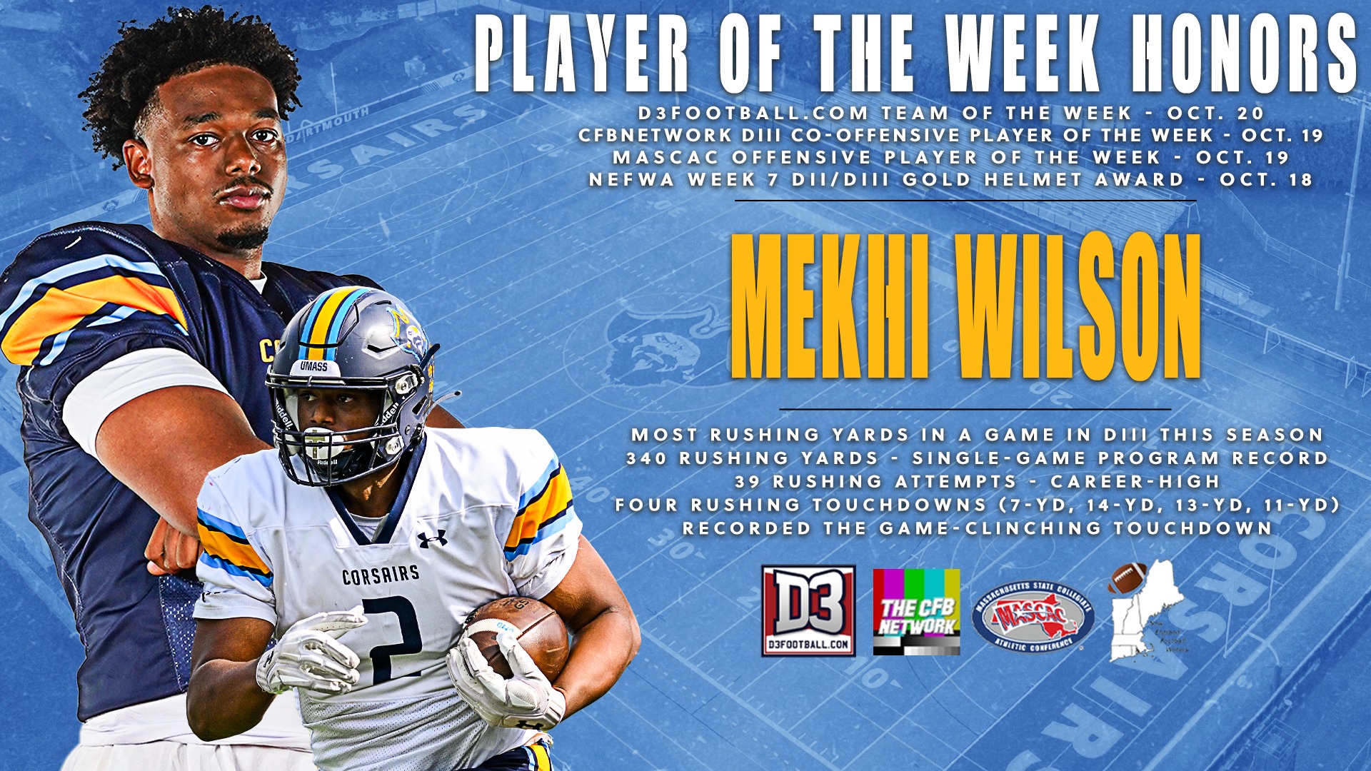 Football's Mekhi Wilson was recognized by four organizations following outstanding effort last week at Worcester State