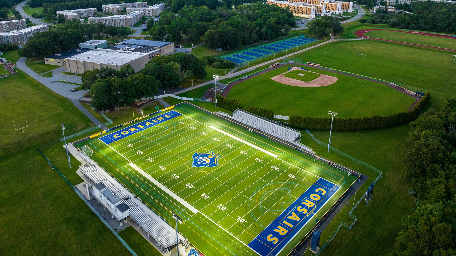 Aerial view of UMass Dartmouth Athletics Facilities - Primarily of Cressy Field and Tripp Athletic Center
