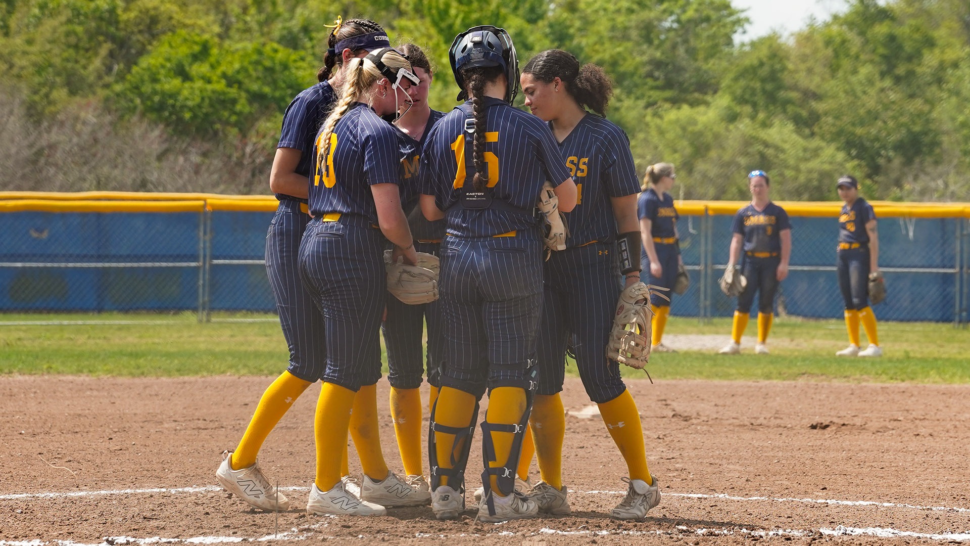 Members of the softball team huddle during a game on-field in Florida versus Alverno