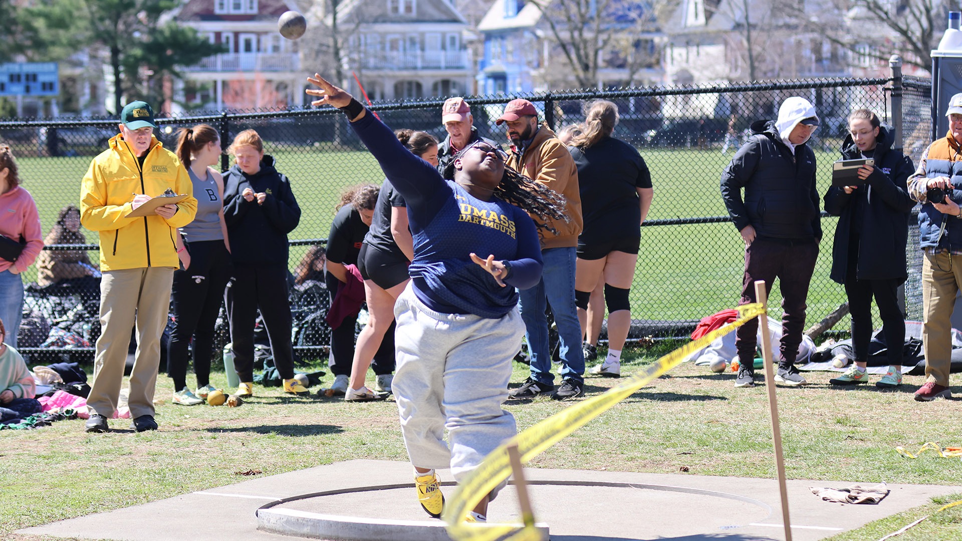 Kearston Nelson competes in the shot put event at the Coast Guard Invite 