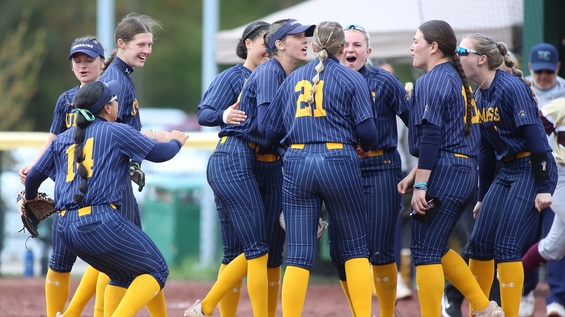 Softball celebrates after defeating Rhode Island College, 2-1 on May 10, 2026