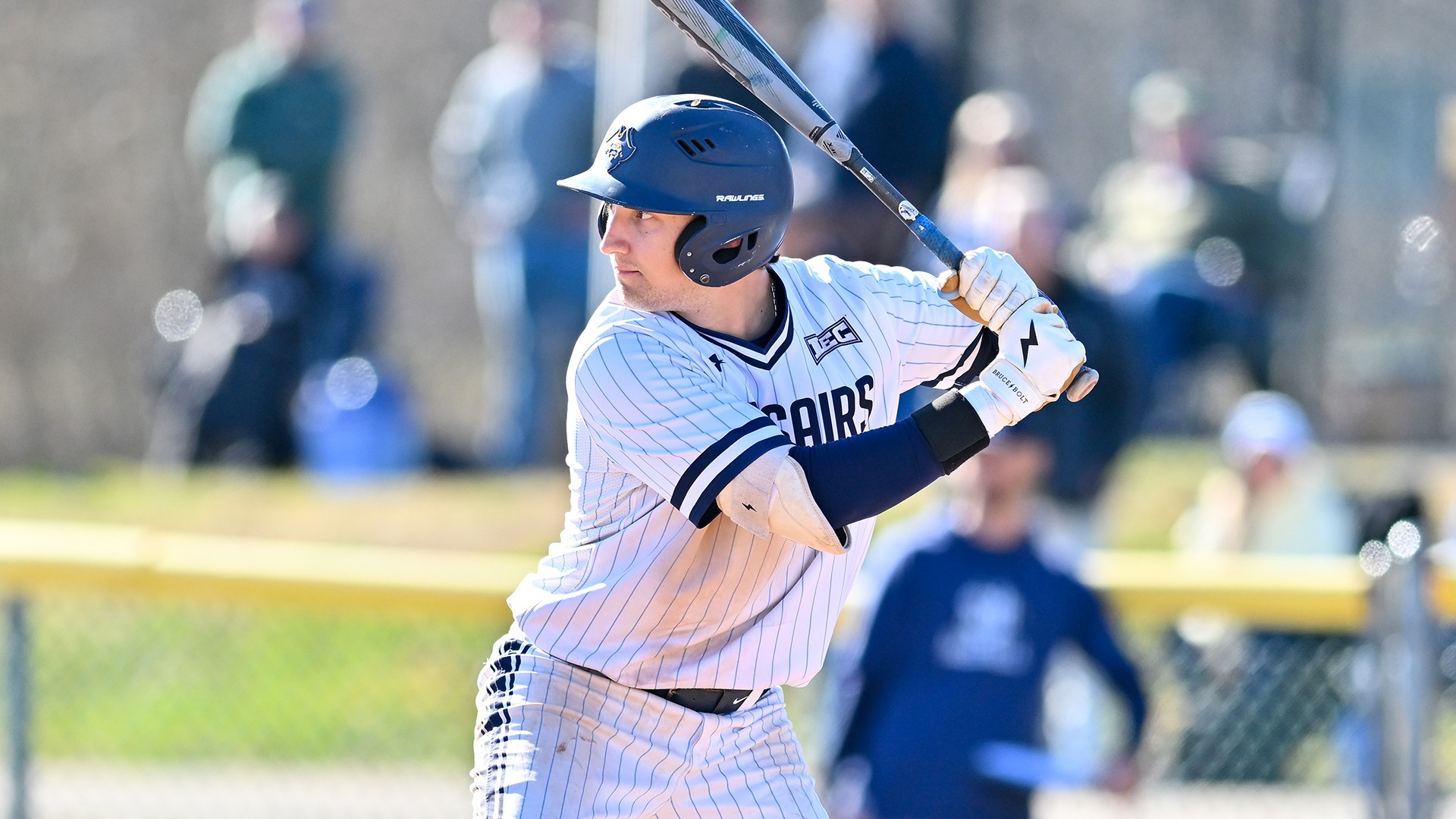 Senior Brett Baker at the plate in a baseball game against Southern Maine