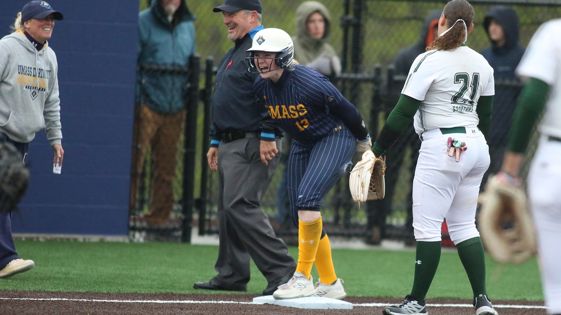 Lily Routhier celebrates after hitting the game-winning triple in a 6-0 win over VTSU Castleton on May 9, 2026