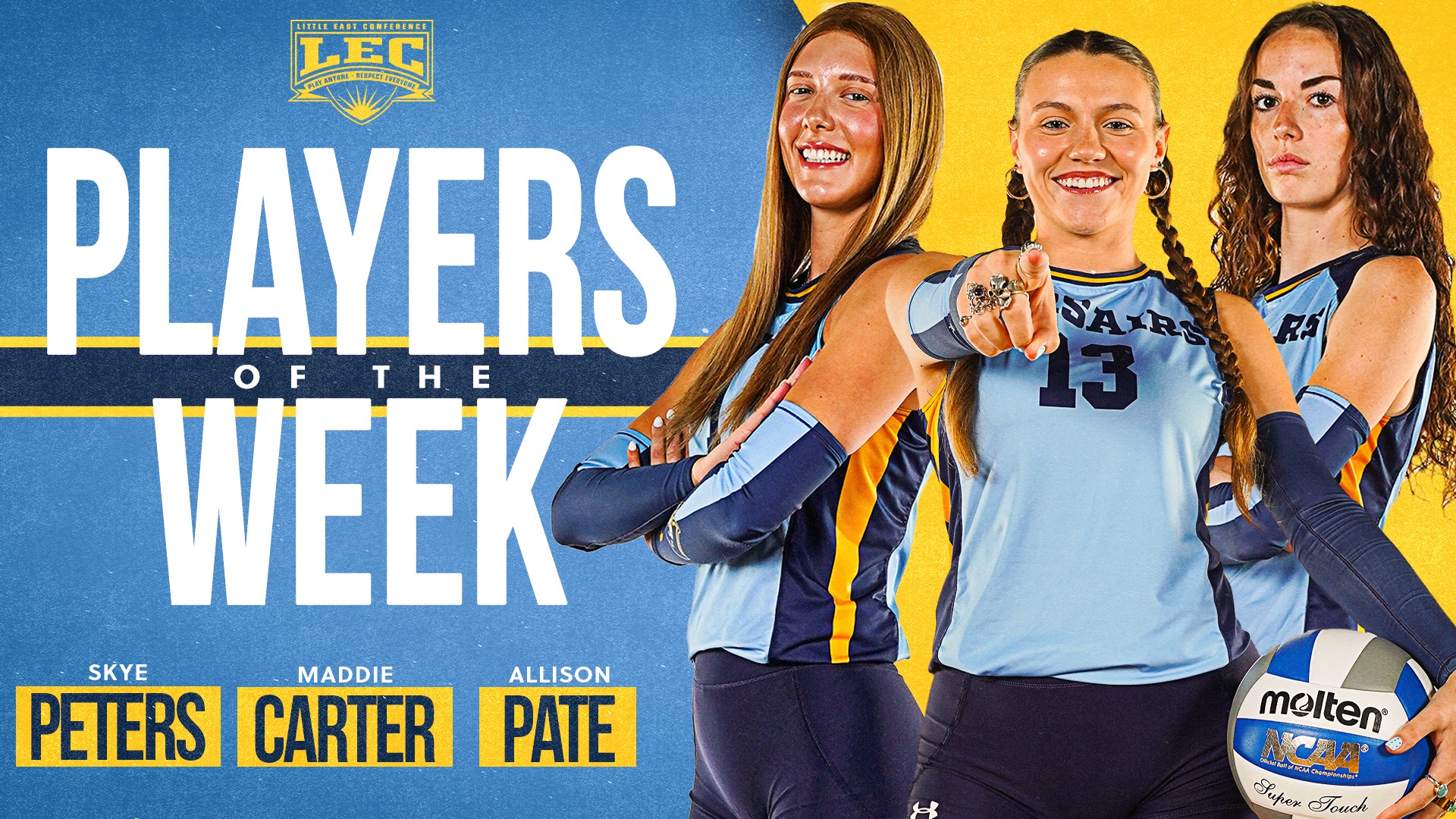 Skye Peters, Maddie Carter and Allison Pate recognized with weekly LEC honors in volleyball