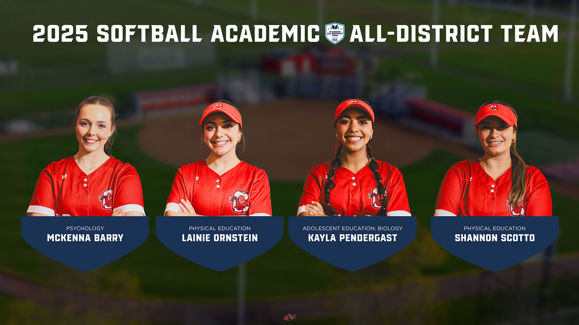 Photos of Cortland's four 2025 CSC Softball Academic All-District honorees