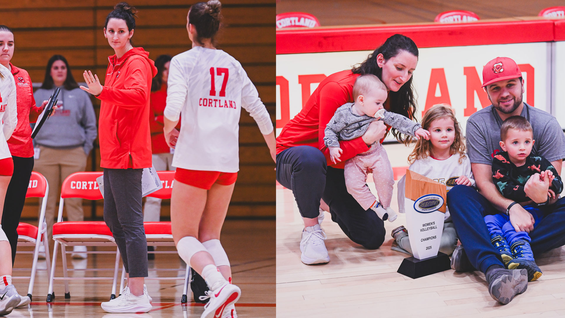 Photos of Erin Glickert coaching and Erin with her husband and children