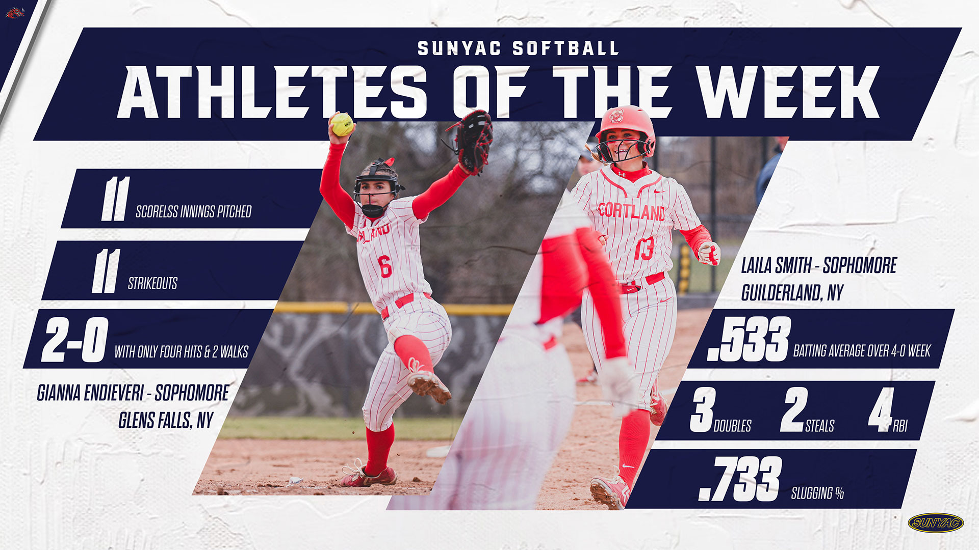 Photos of Laila Smith and Gianna Endieveri - SUNYAC Softball Athlete and Pitcher of the Week