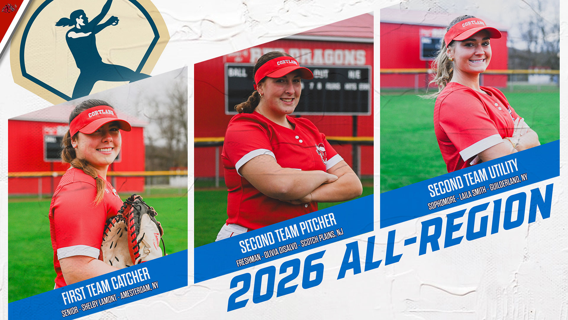 Photos of Cortland softball 2026 all-region selections Shelby LaMont, Olivia DiSalvo and Laila Smith