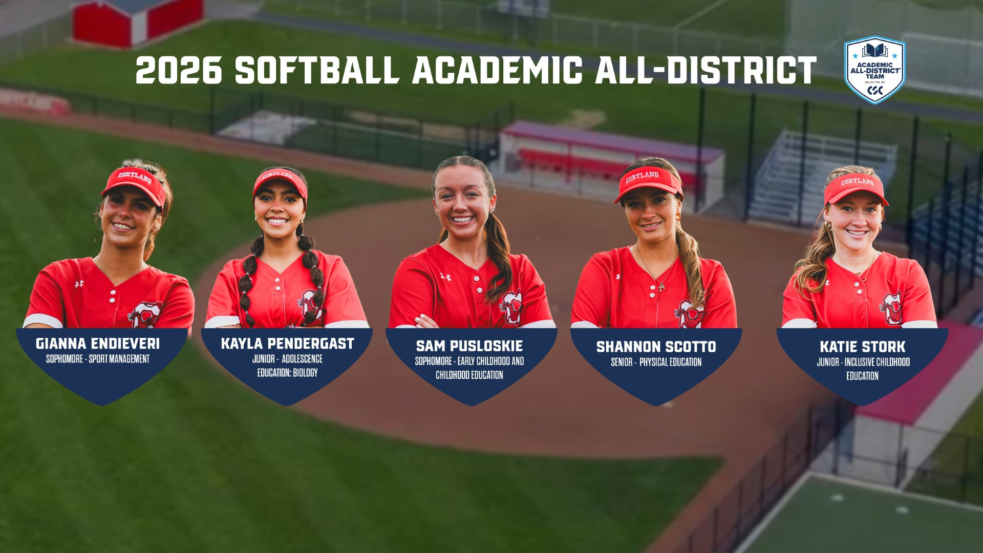 Photos of Cortland's five CSC Softball Academic All-District honorees for 2026